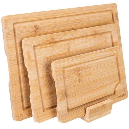 Bamboo Cutting Board Set with Stand – 3 Sizes, Drainage Grooves