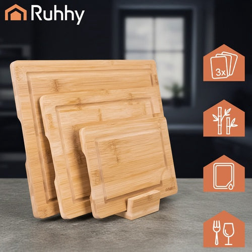Bamboo Cutting Board Set with Stand – 3 Sizes, Drainage Grooves
