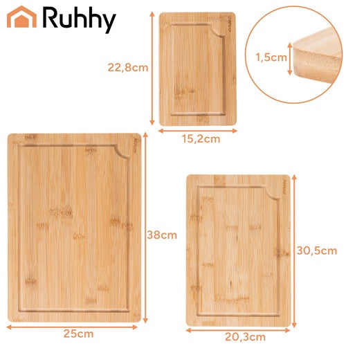Bamboo Cutting Board Set with Stand – 3 Sizes, Drainage Grooves
