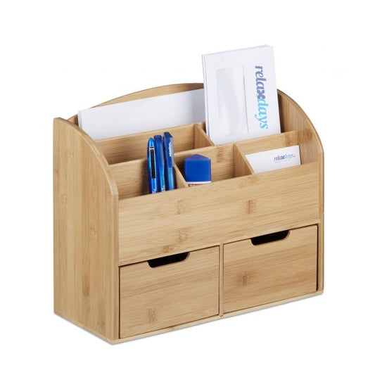 Bamboo Desk Organiser 2 Drawers Table-Top Storage Holder Office Desk Butler