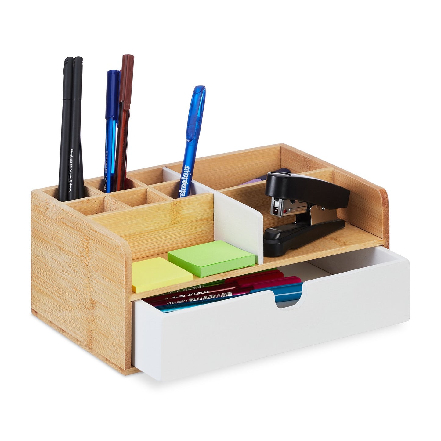 Bamboo Desk Organiser with 9 Compartments and Drawer
