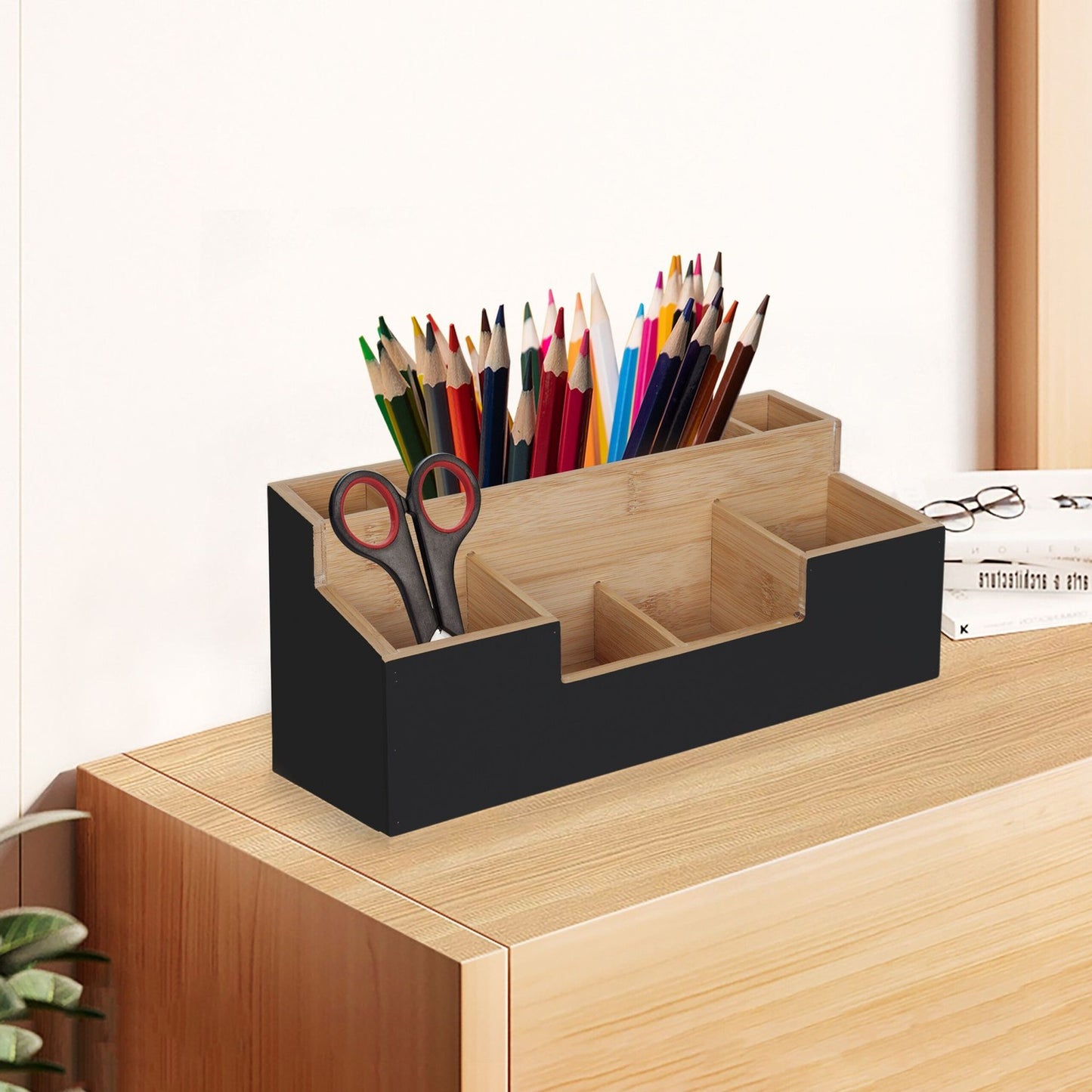 Bamboo Desk Organizer, 7 Slots for Office Supplies