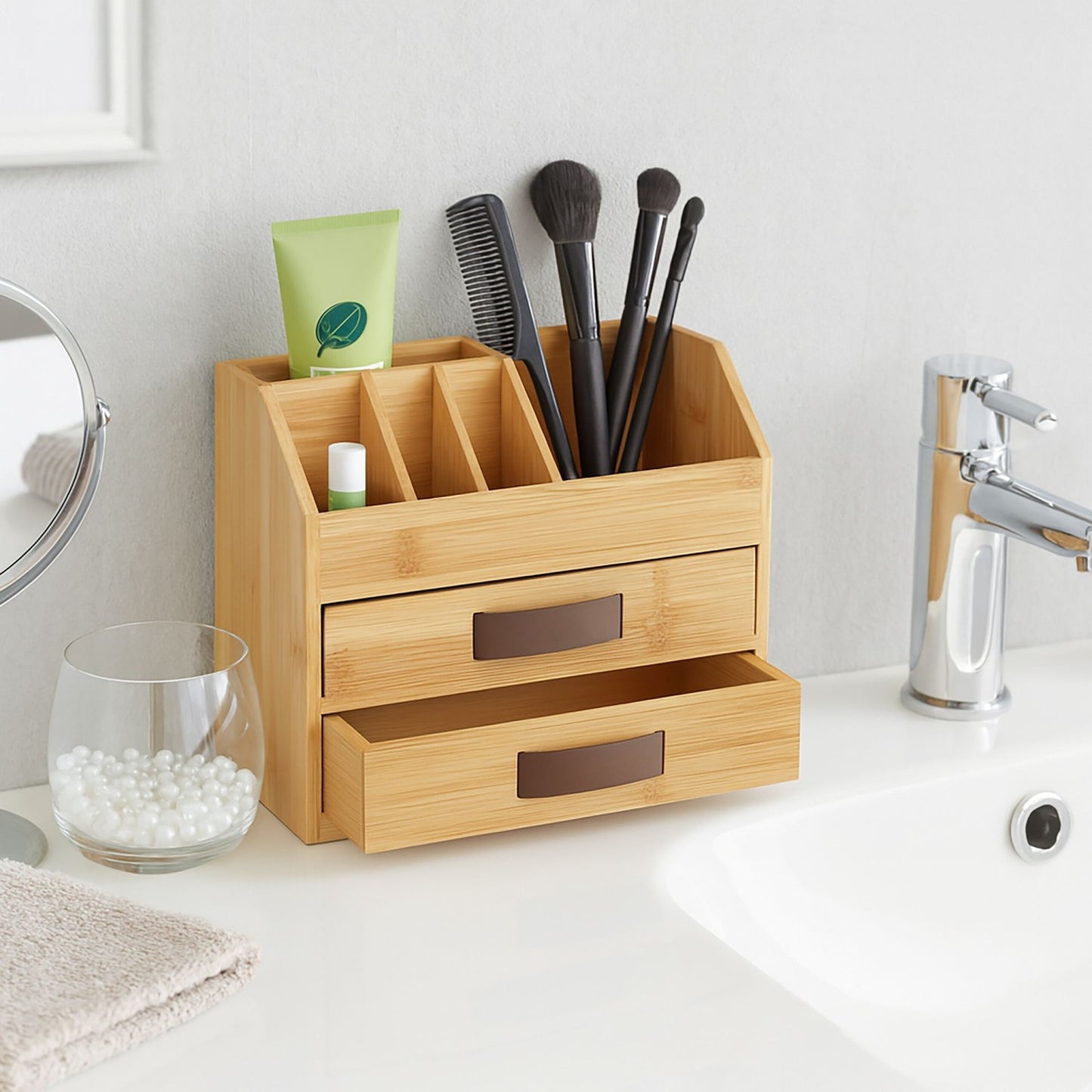 Bamboo Desk Organizer with 2 Drawers and 5 Compartments