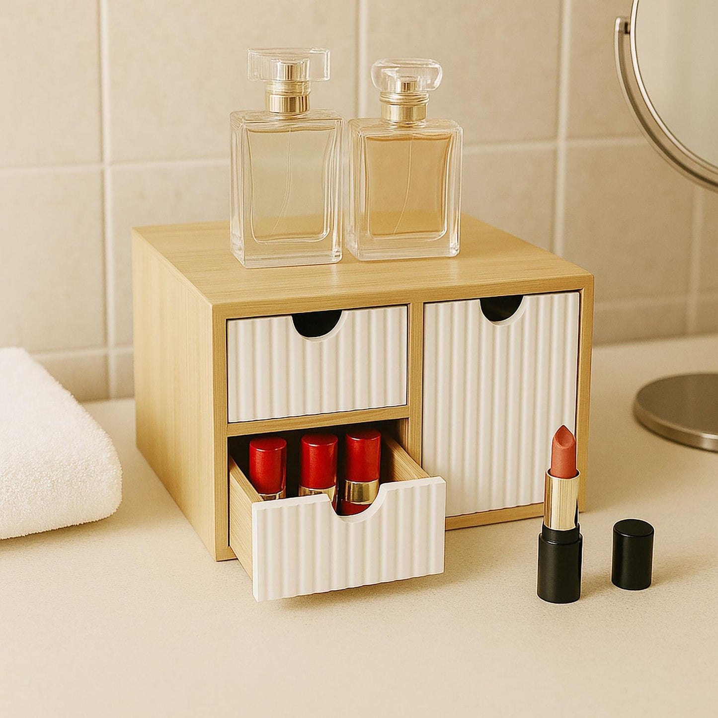 Bamboo Drawer Box Organizer, 3 Ribbed Drawers
