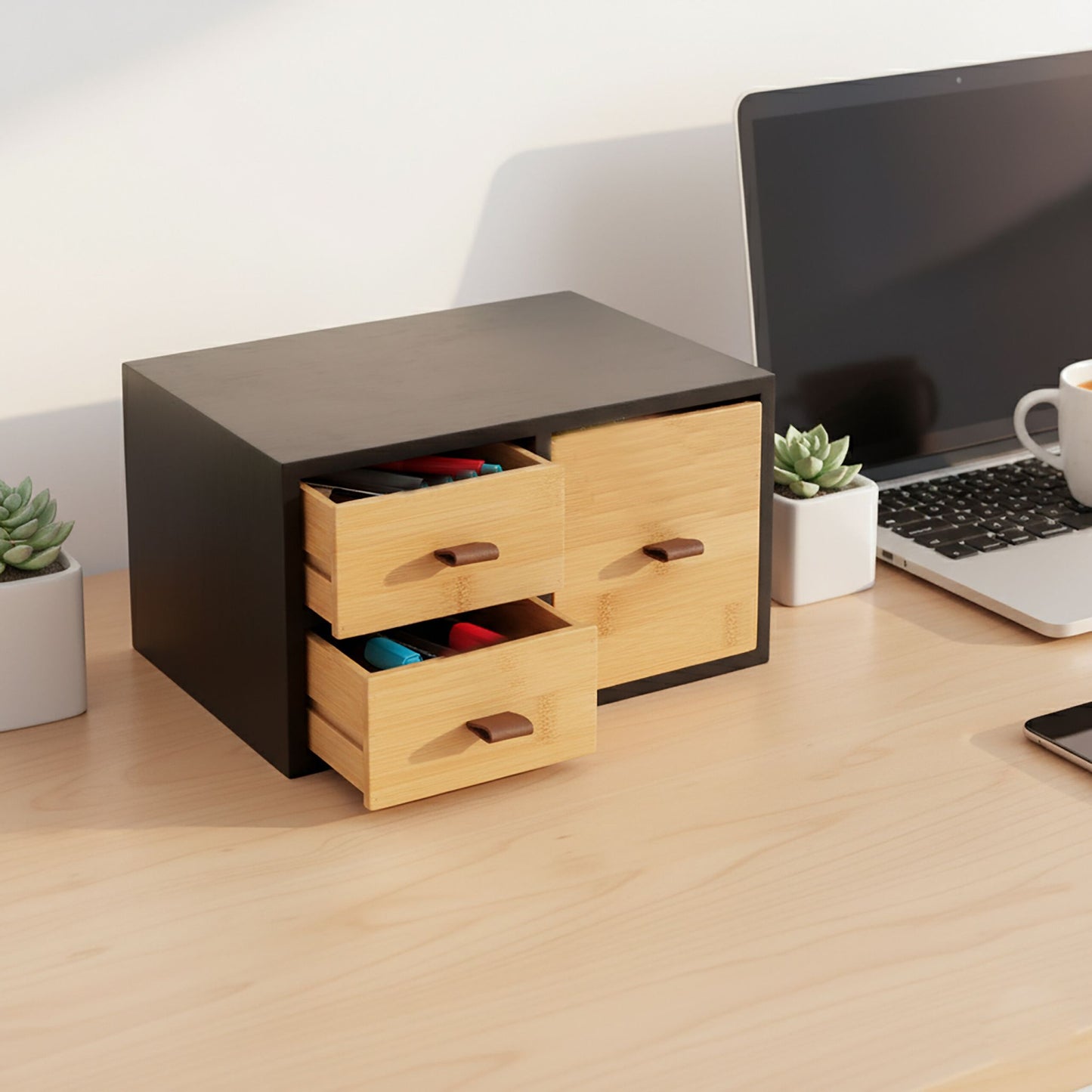 Bamboo Drawer Box Organizer with 3 Drawers