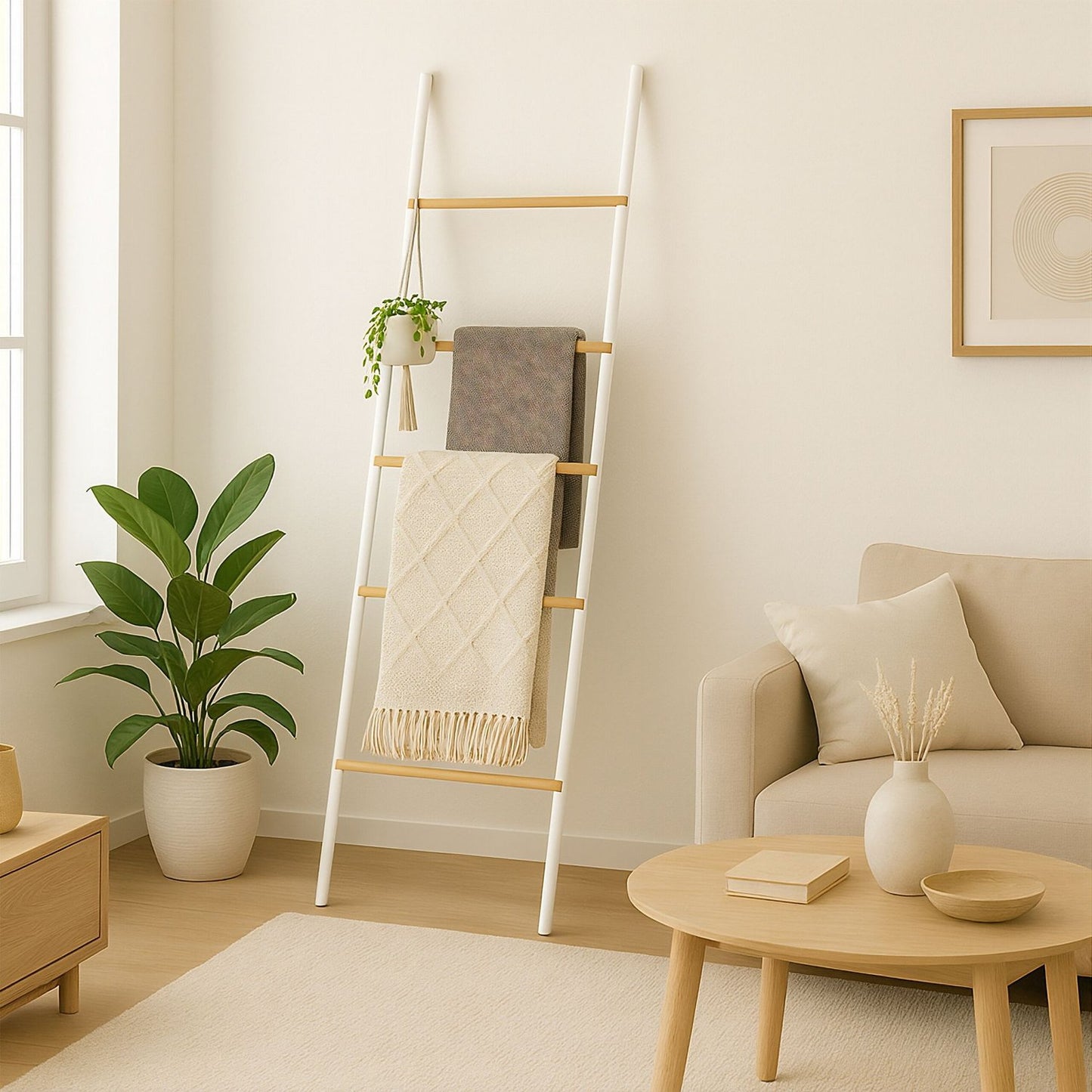Bamboo Iron Towel Ladder – 5 Rungs, Versatile Use