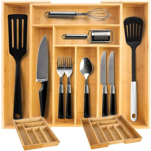 Bamboo Kitchen Drawer Organizer, Adjustable 6-8 Compartments
