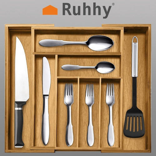 Bamboo Kitchen Drawer Organizer, Adjustable 6-8 Compartments