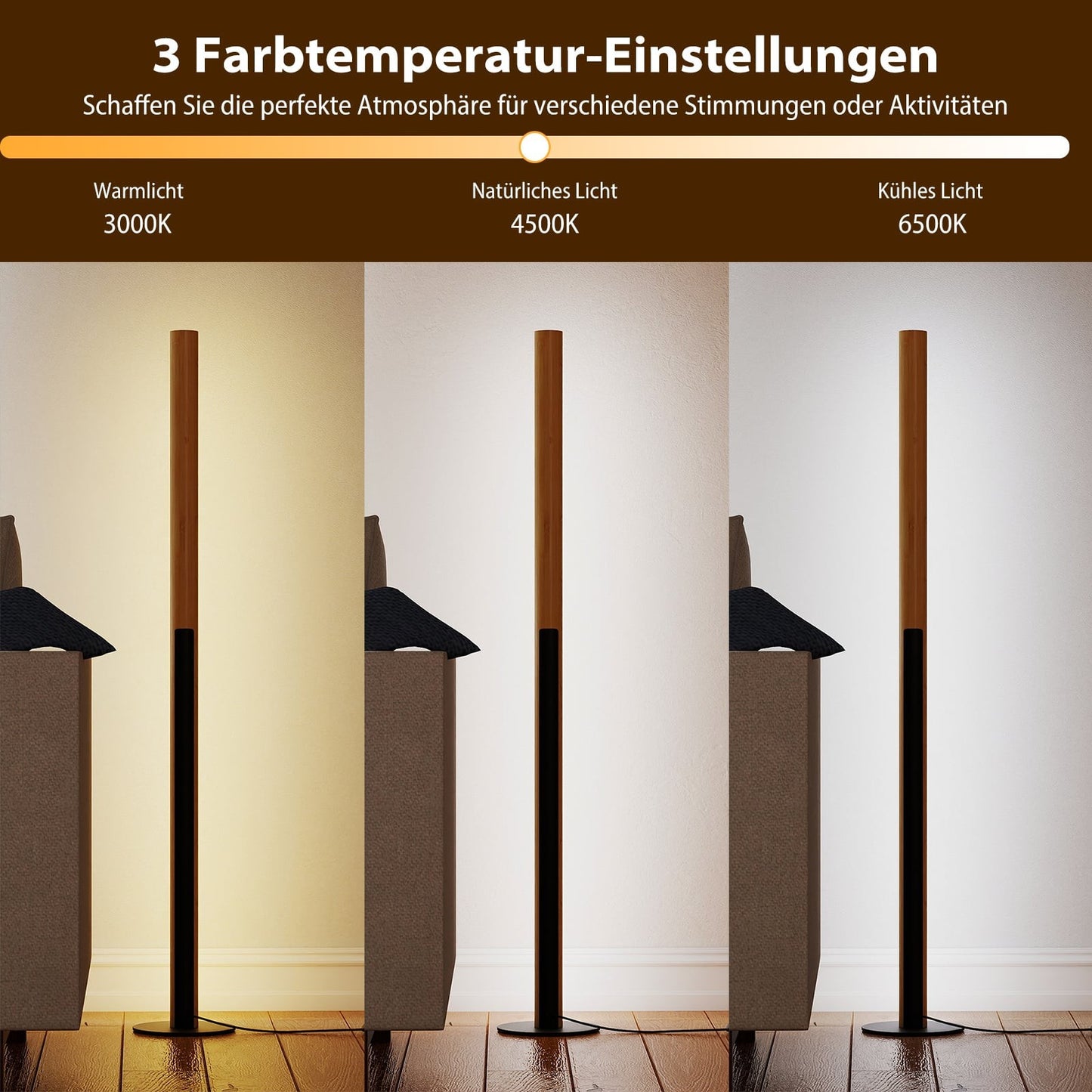 Bamboo LED Floor Lamp, Dimmable with Foot Switch, 122 cm