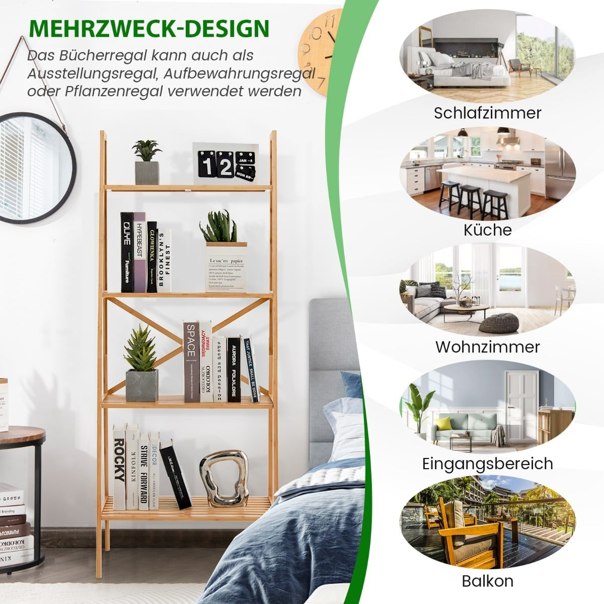 Bamboo Ladder Shelf with Anti-Tip, 4 Tiers, 60x35.5x148 cm