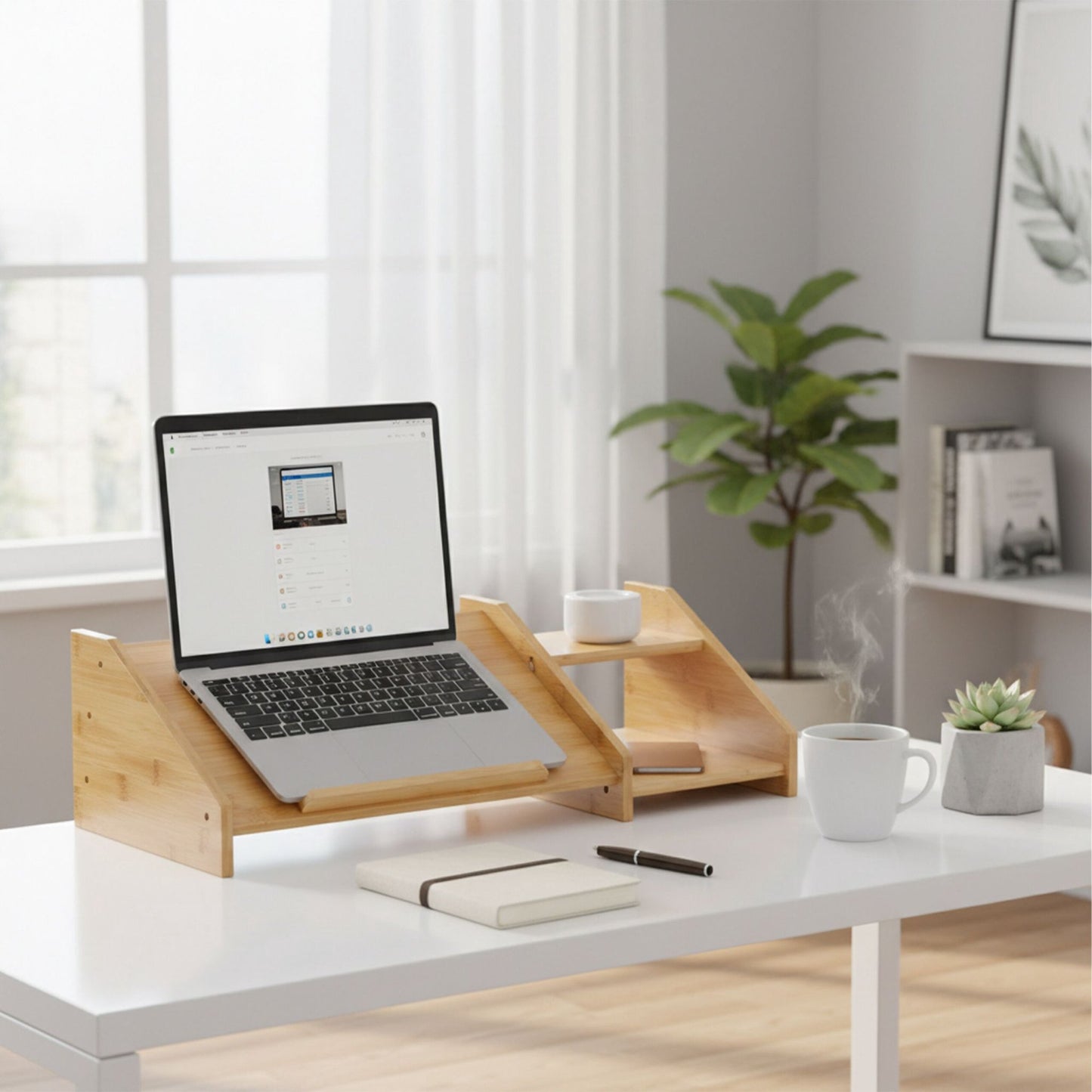 Bamboo Laptop Stand with Side Shelves for Desk