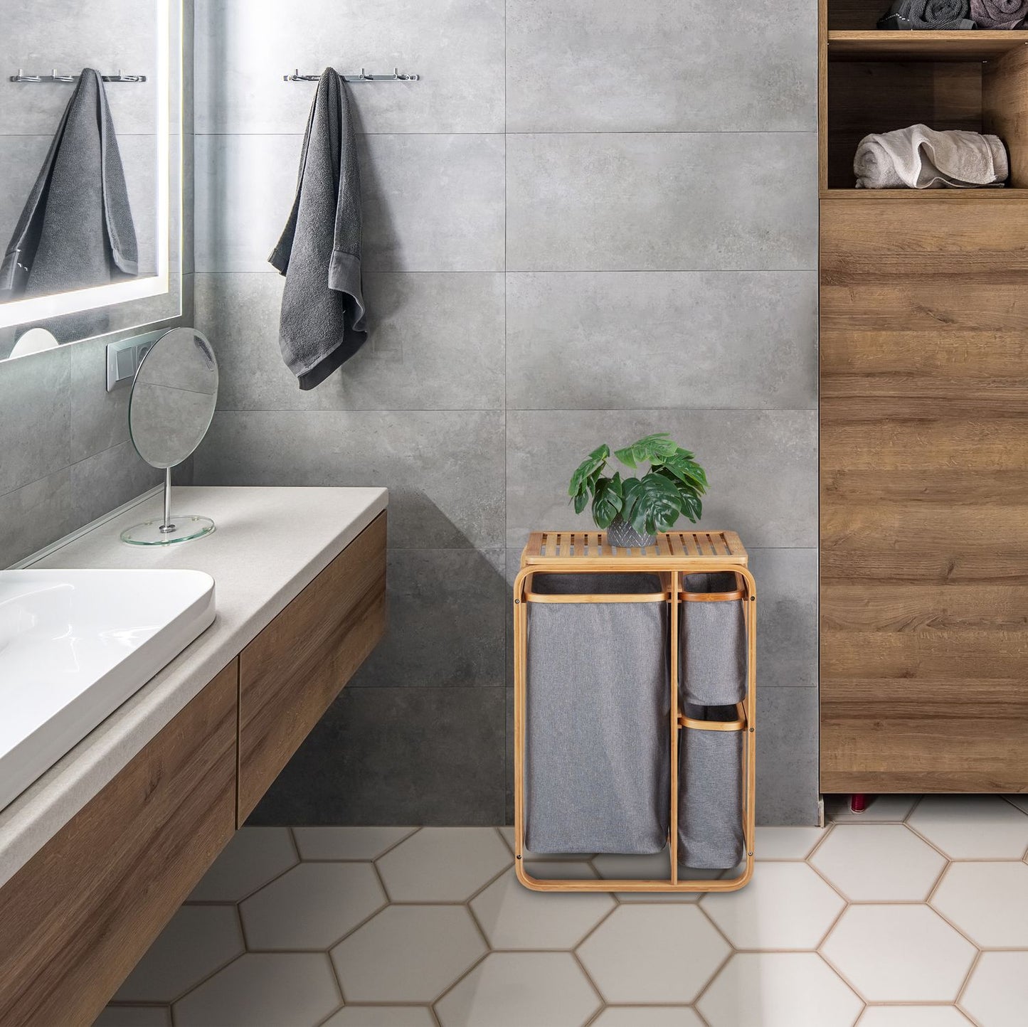 Bamboo Laundry Basket Shelf in Grey