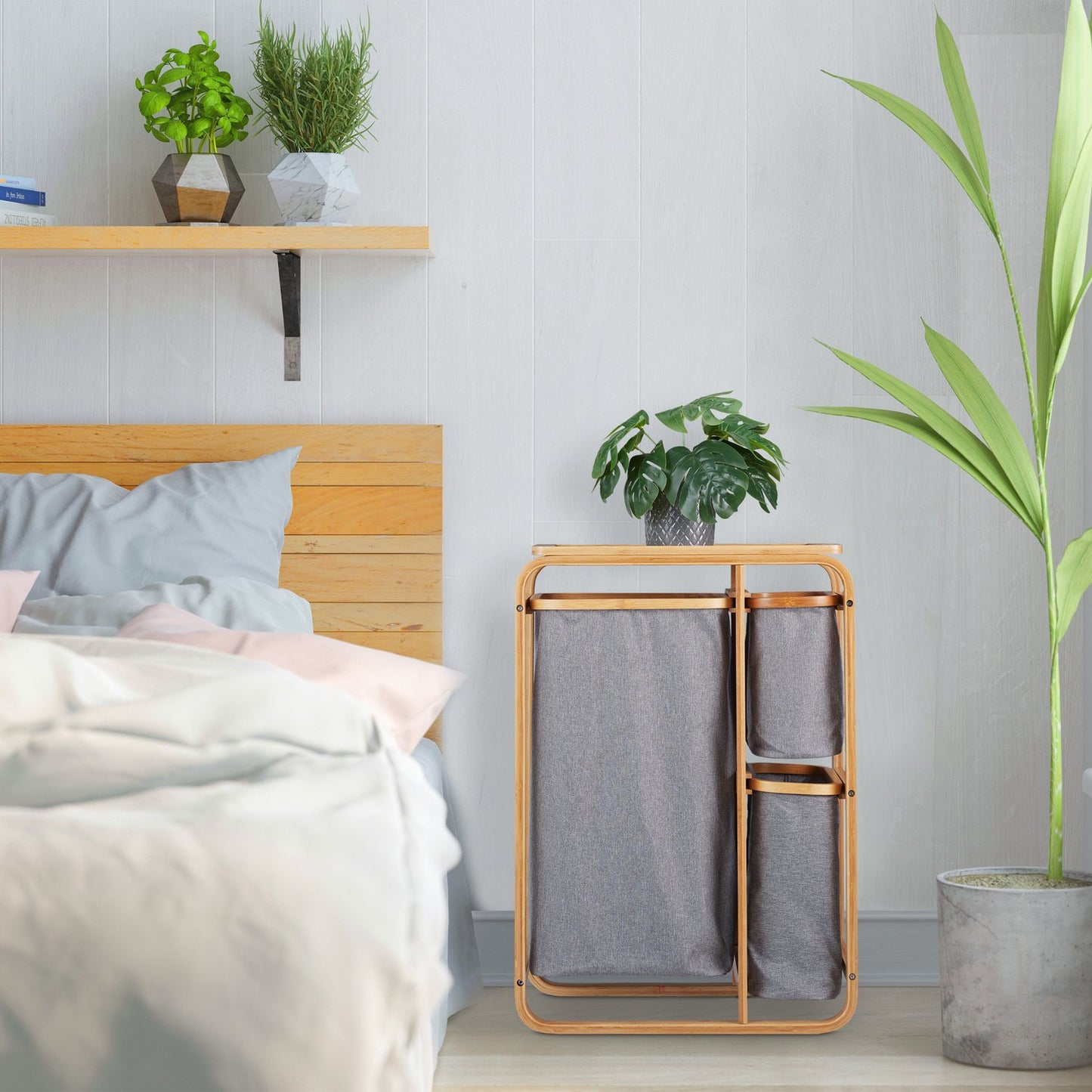 Bamboo Laundry Basket Shelf in Grey