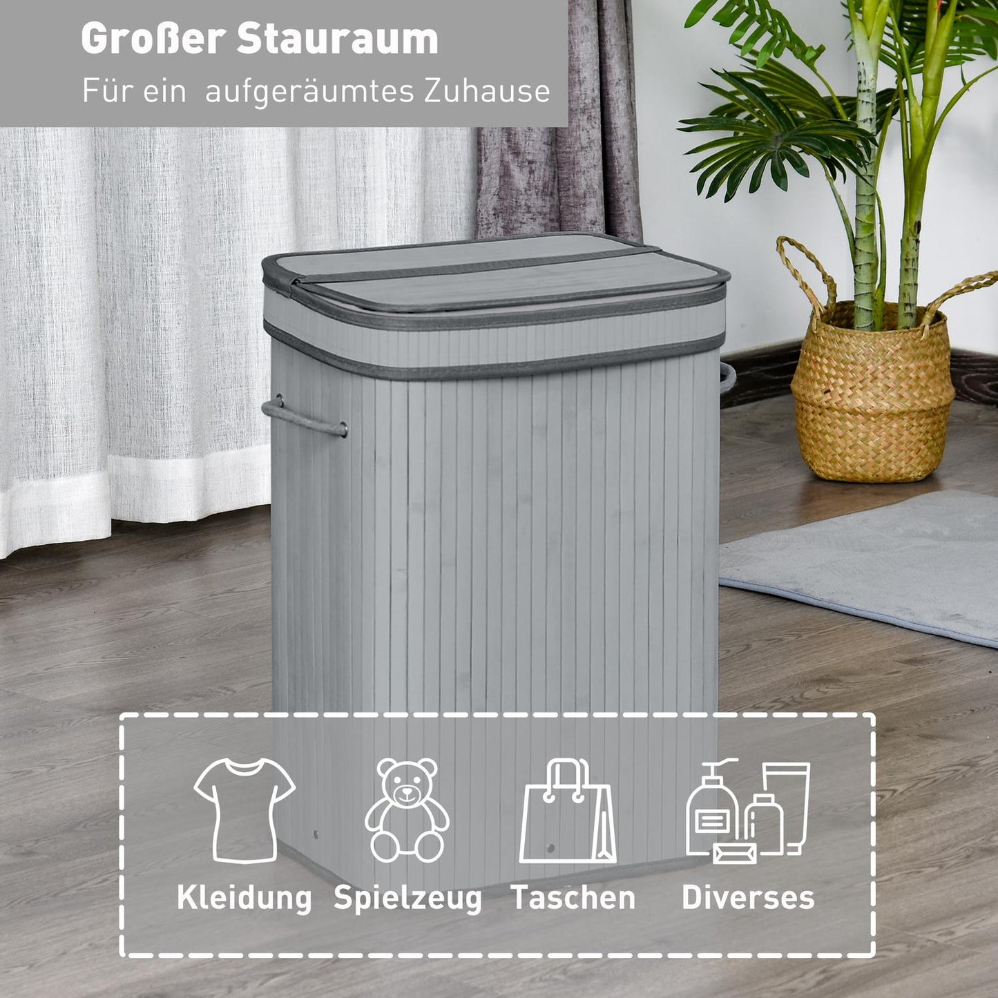 Slim bamboo laundry basket 70L with lid and handle