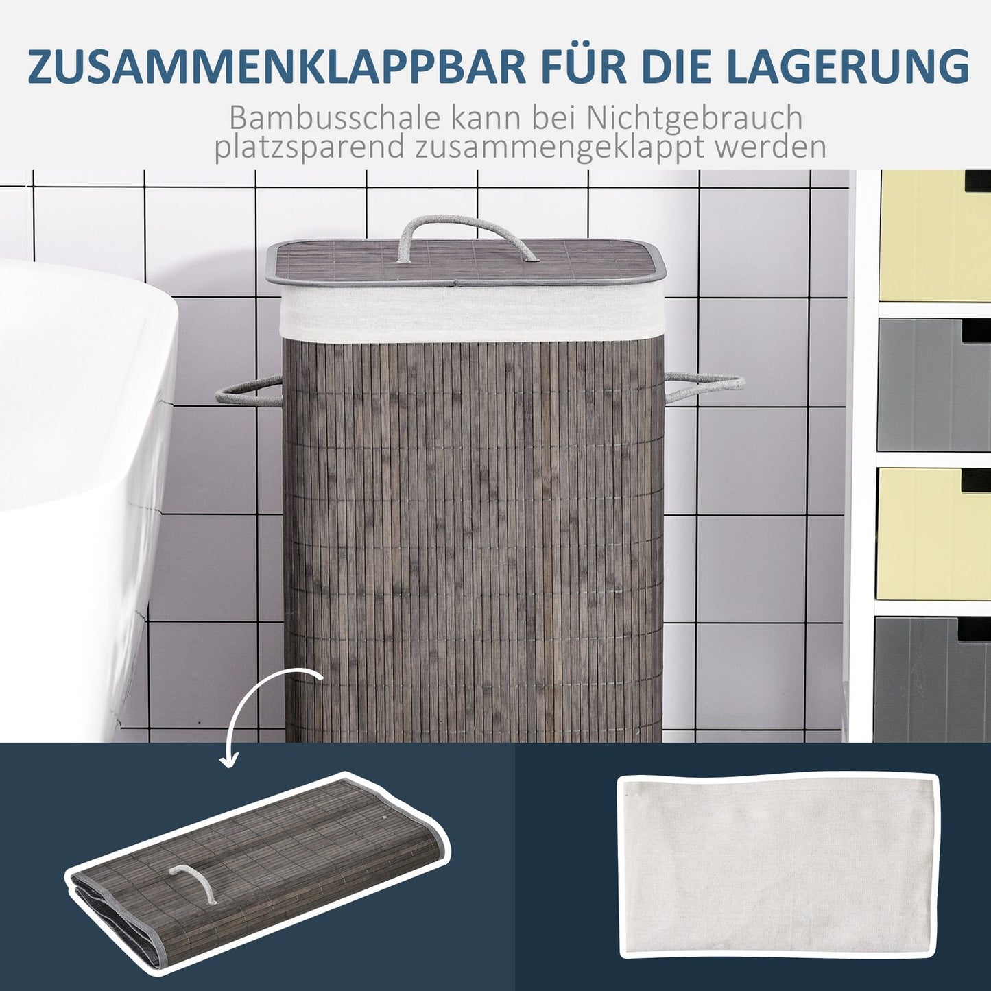Slim 83L bamboo laundry basket with lid, removable bag