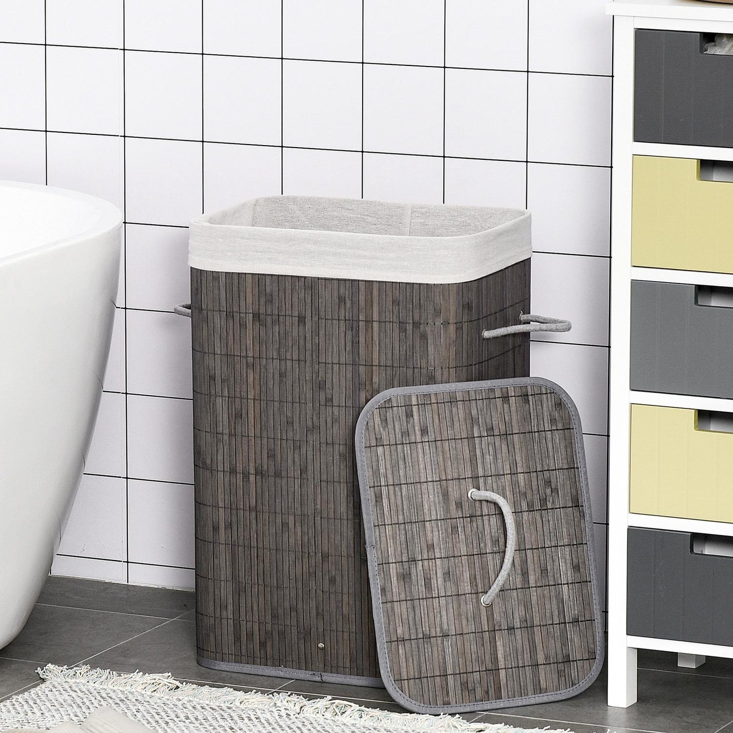Slim 83L bamboo laundry basket with lid, removable bag
