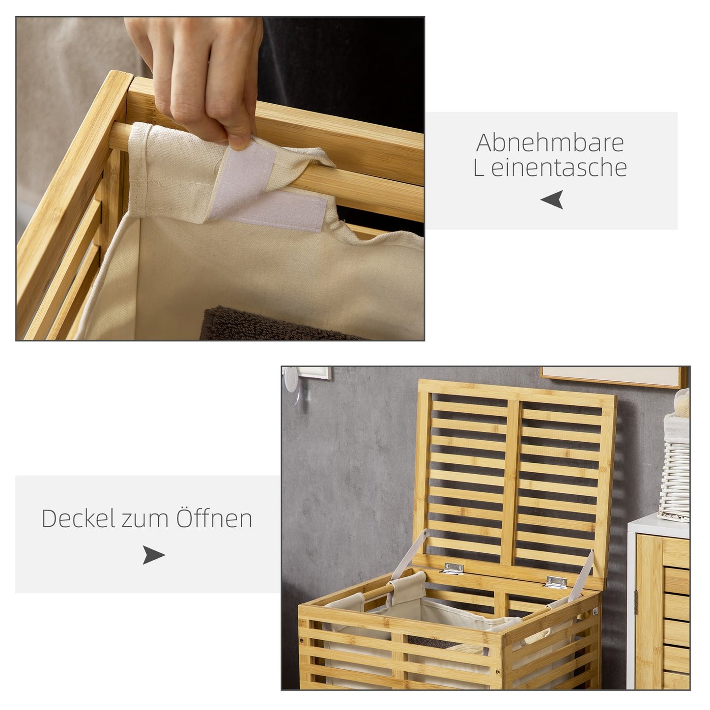 Bamboo laundry basket with lid and removable bag, 63L capacity