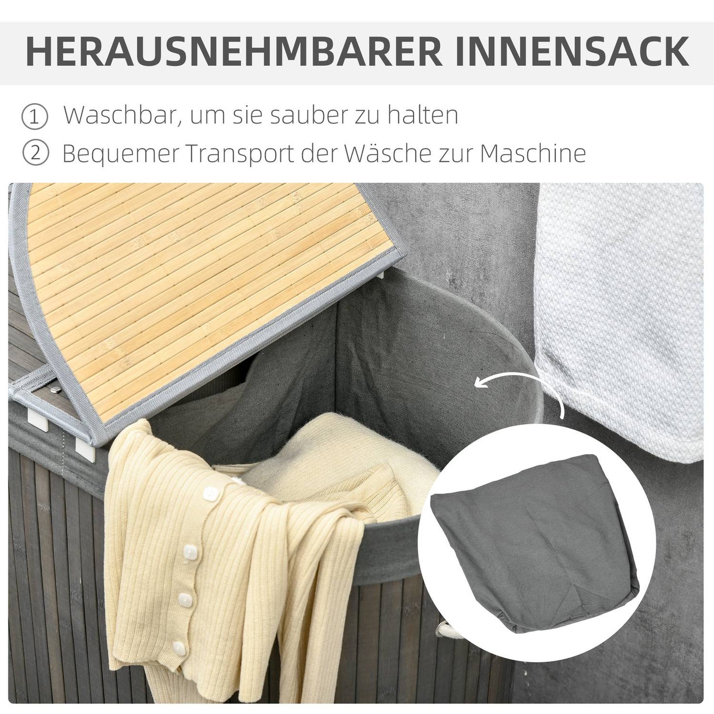 Bamboo laundry basket with lid - 100L sorter, handle