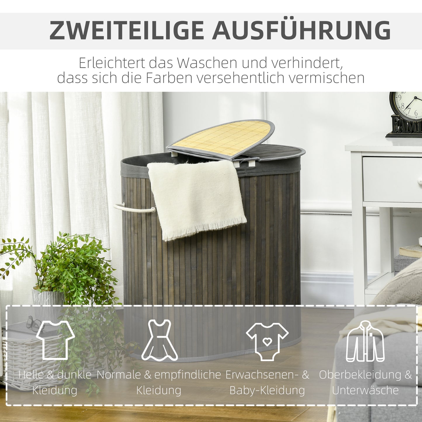 Bamboo laundry basket with lid - 100L sorter, handle