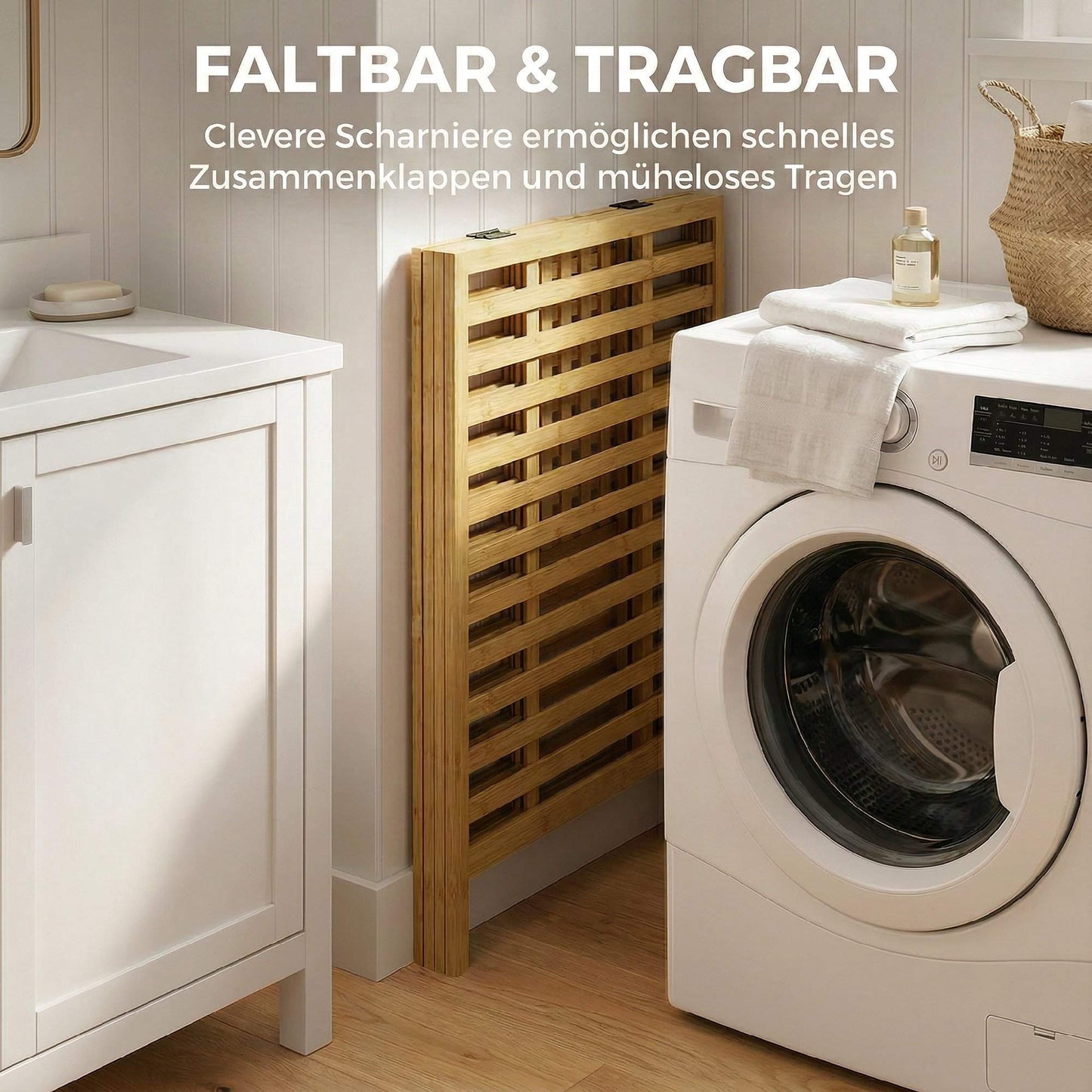 Bamboo Laundry Basket with Lid, 2 Foldable 32L Bags