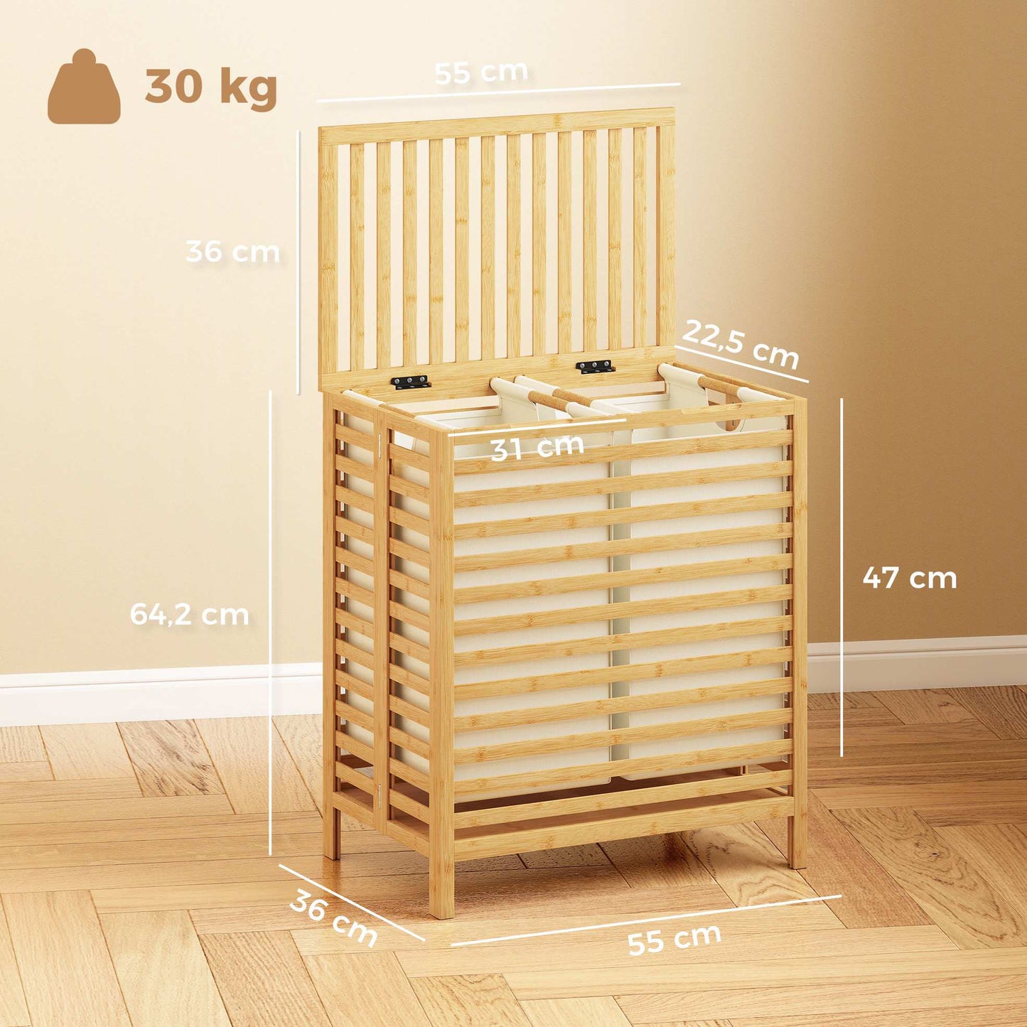 Bamboo Laundry Basket with Lid, 2 Foldable 32L Bags
