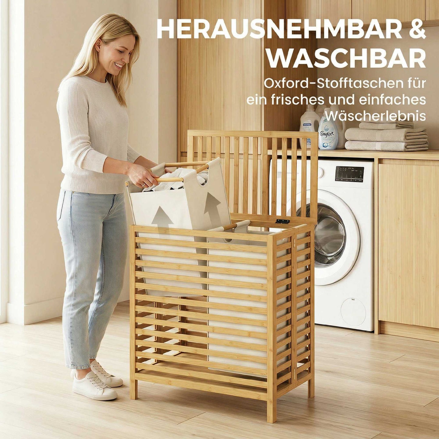 Bamboo Laundry Basket with Lid, 2 Foldable 32L Bags