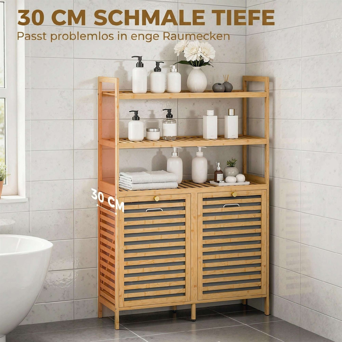 Bamboo Laundry Cabinet with Tilt Baskets and Shelves