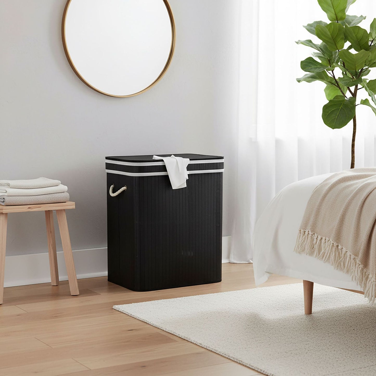 Bamboo Laundry Hamper, 2 Compartments, Foldable
