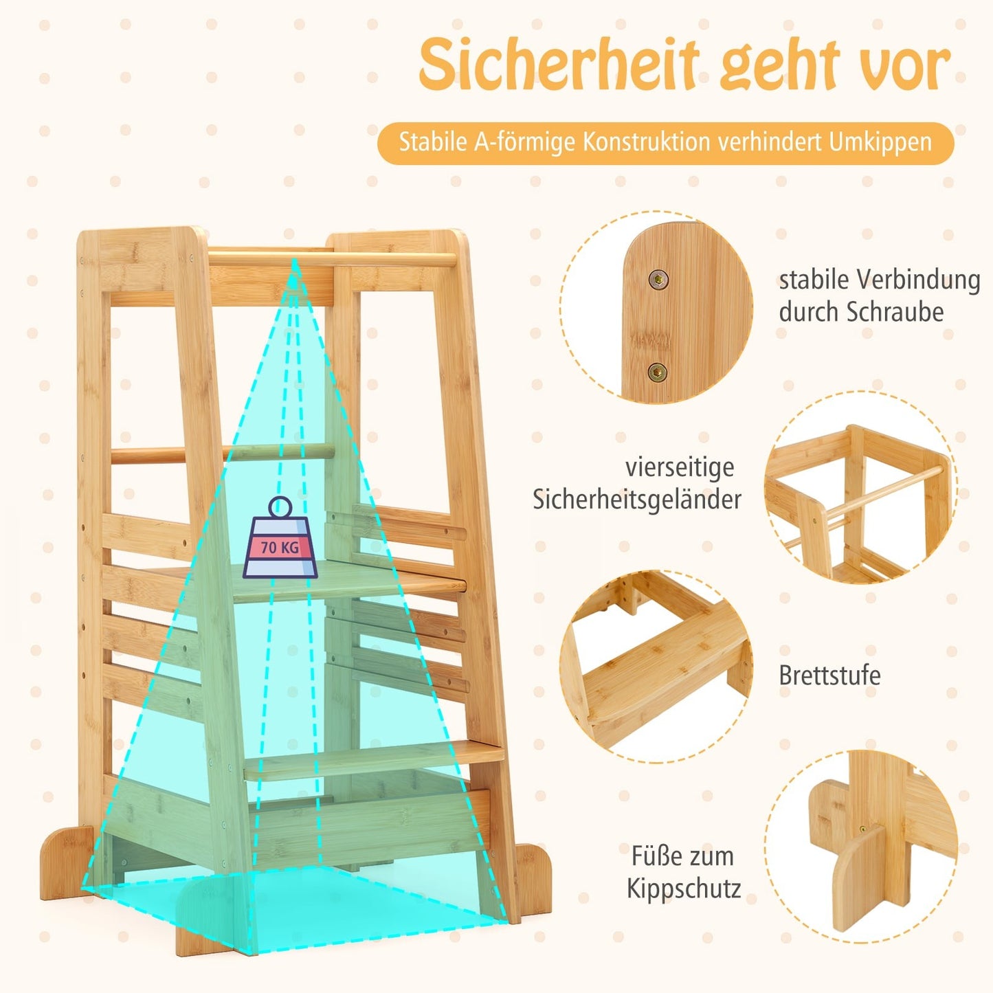 Bamboo Learning Tower for Kids, Adjustable Height & Safety Rails