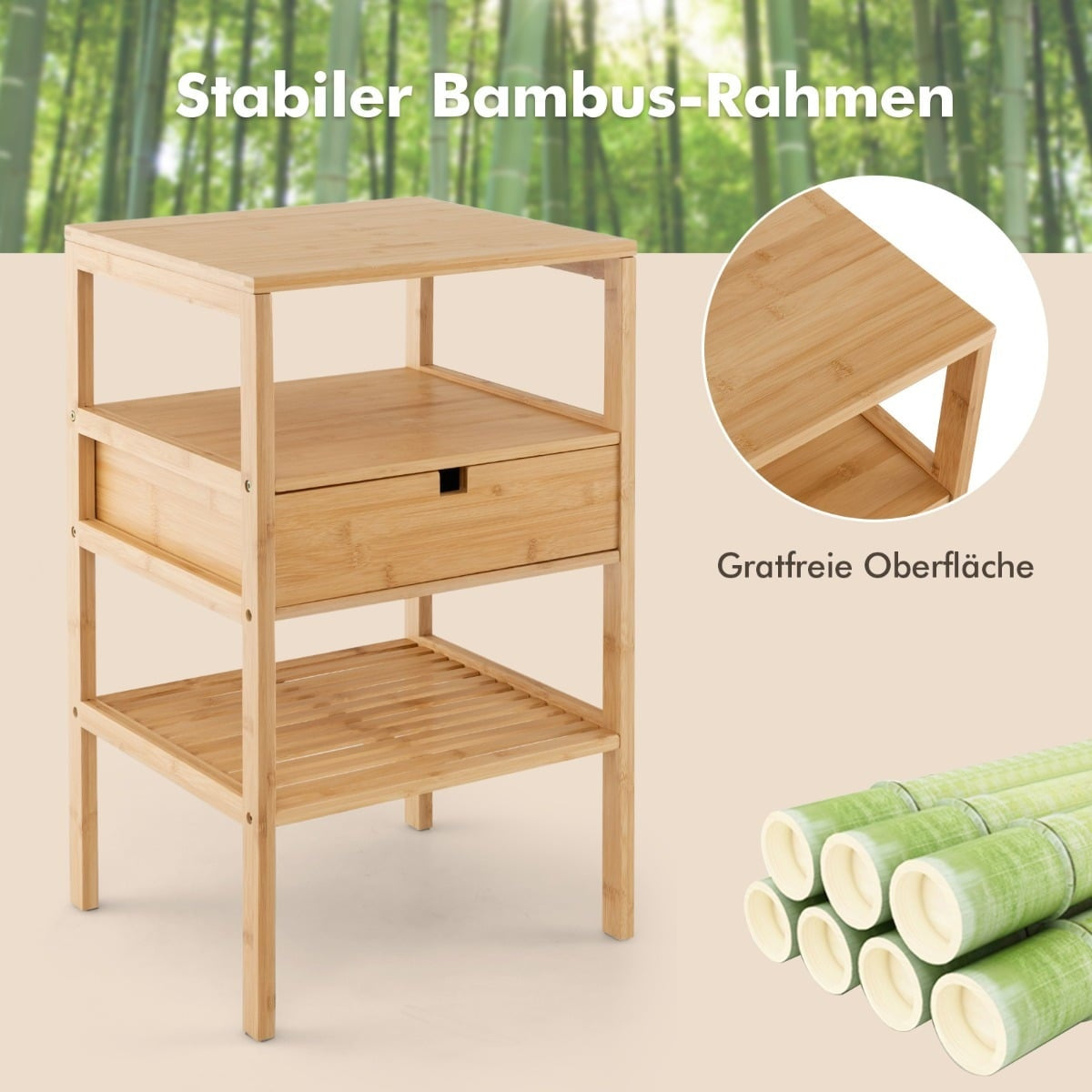 Bamboo Nightstand Set with Drawer & 3-Tier Shelf