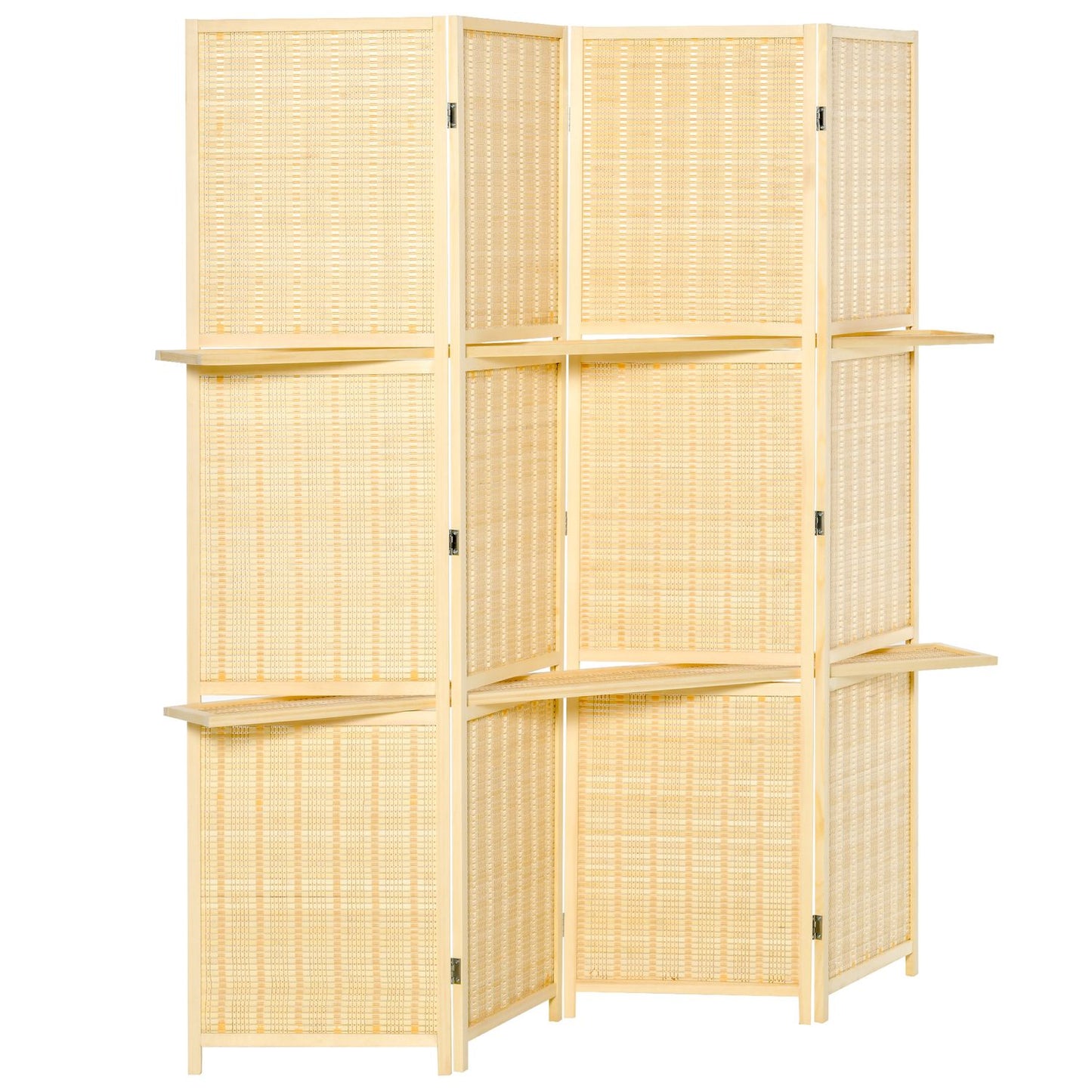 Bamboo Room Divider with 2 Shelves, Foldable, Natural