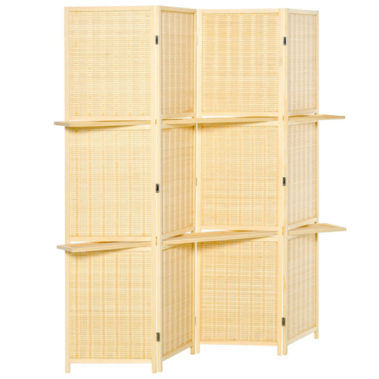 Bamboo Room Divider with 2 Shelves, Foldable, Natural