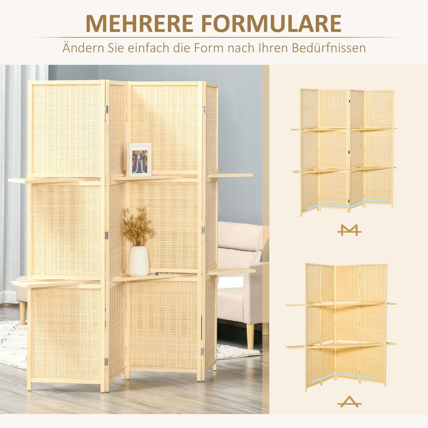 Bamboo Room Divider with 2 Shelves, Foldable, Natural