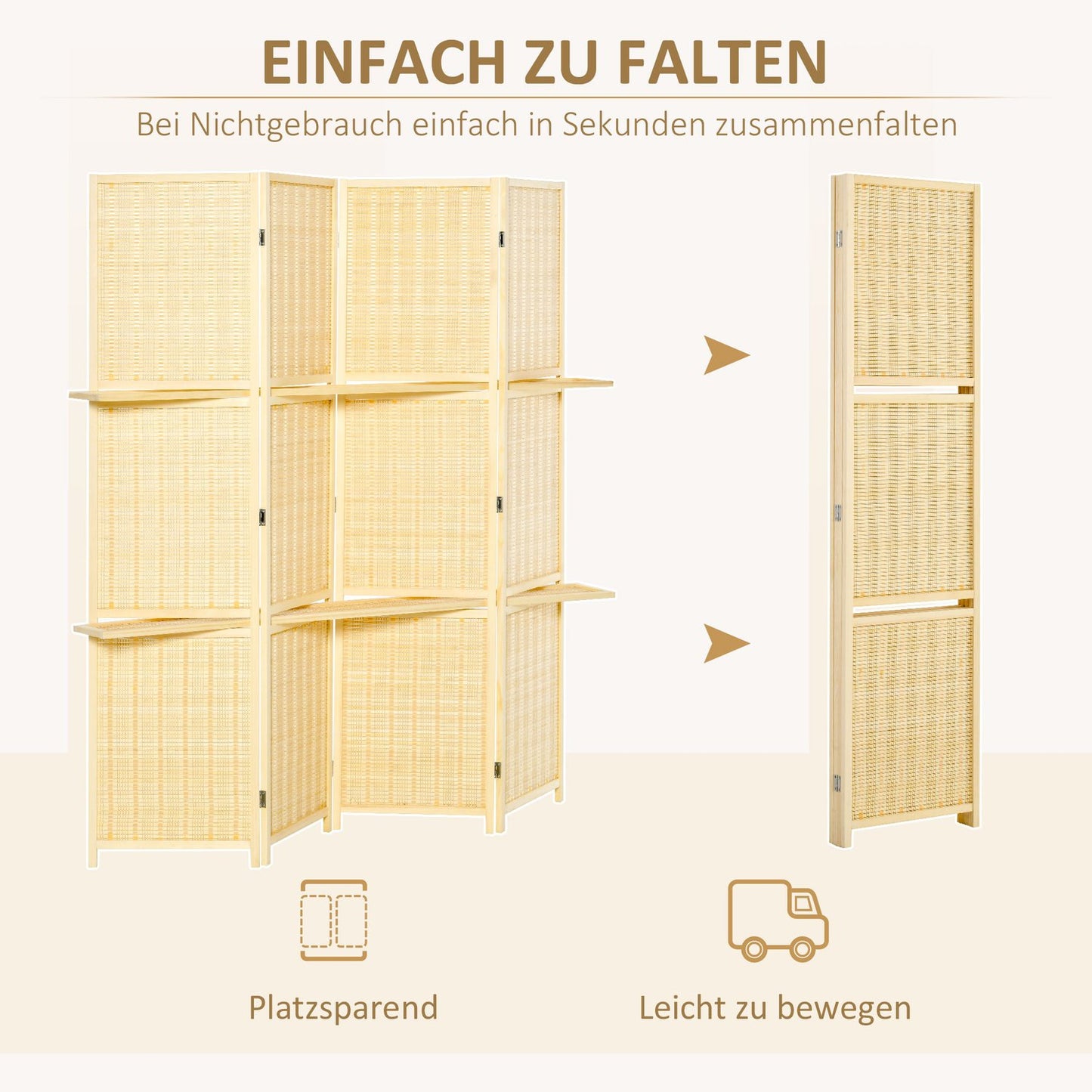 Bamboo Room Divider with 2 Shelves, Foldable, Natural