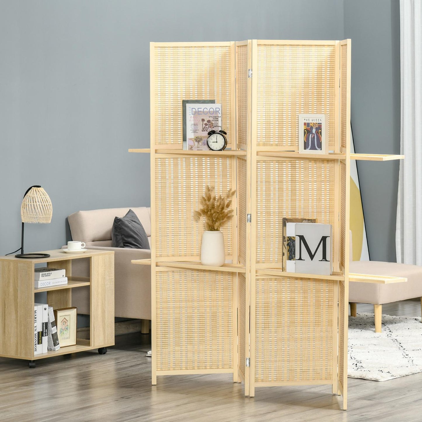 Bamboo Room Divider with 2 Shelves, Foldable, Natural