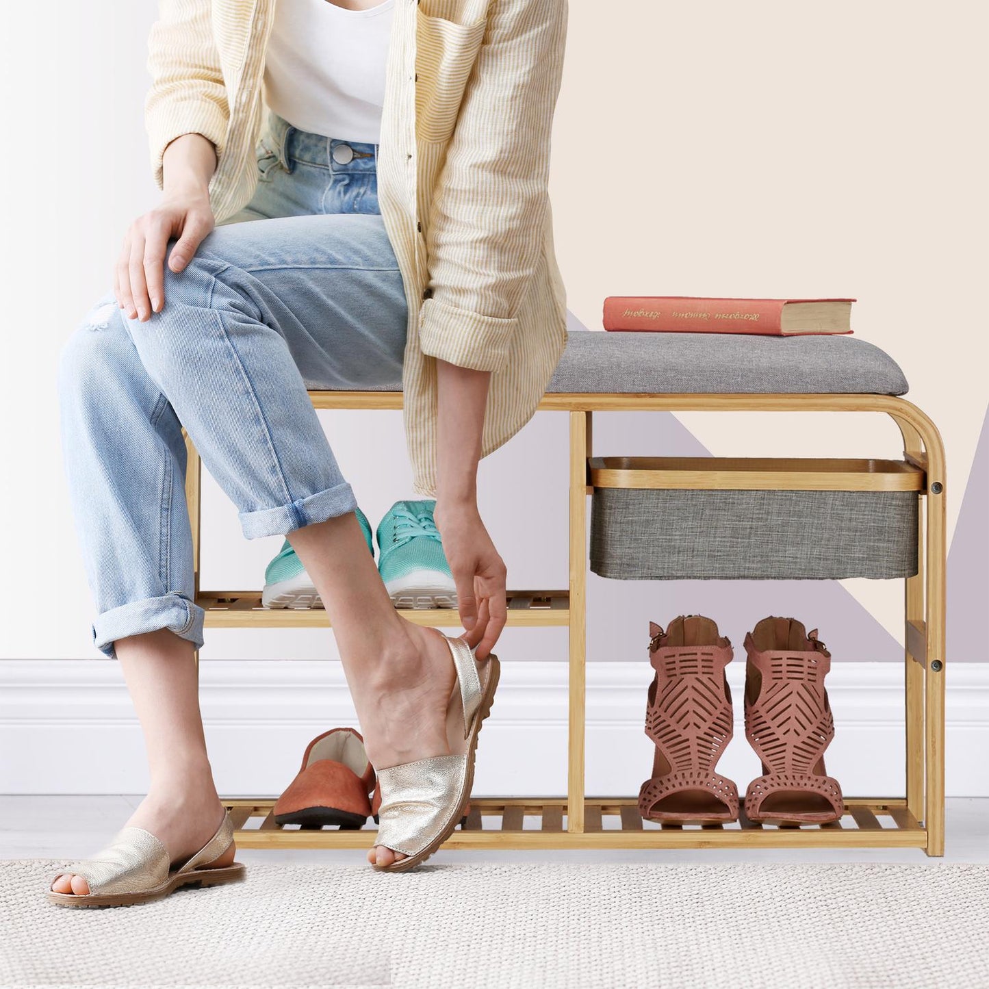 Bamboo Shoe Bench with Compartments