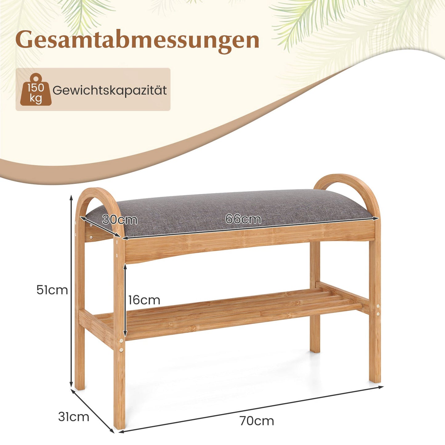Bamboo Shoe Bench with Cushion, 2-Tier, 70x31.5x51 cm