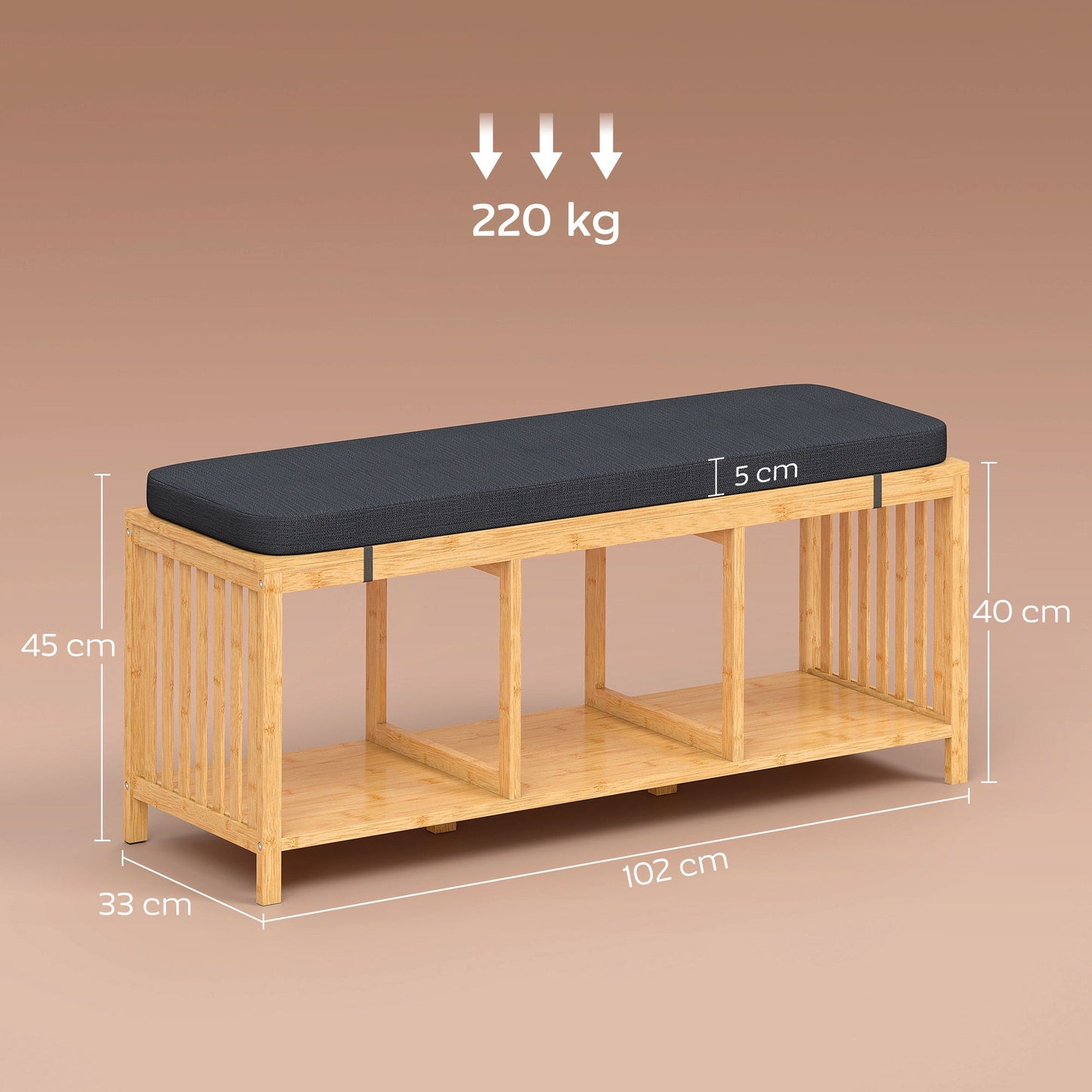 Bamboo Shoe Bench with Cushion, Open Storage, 220kg Capacity