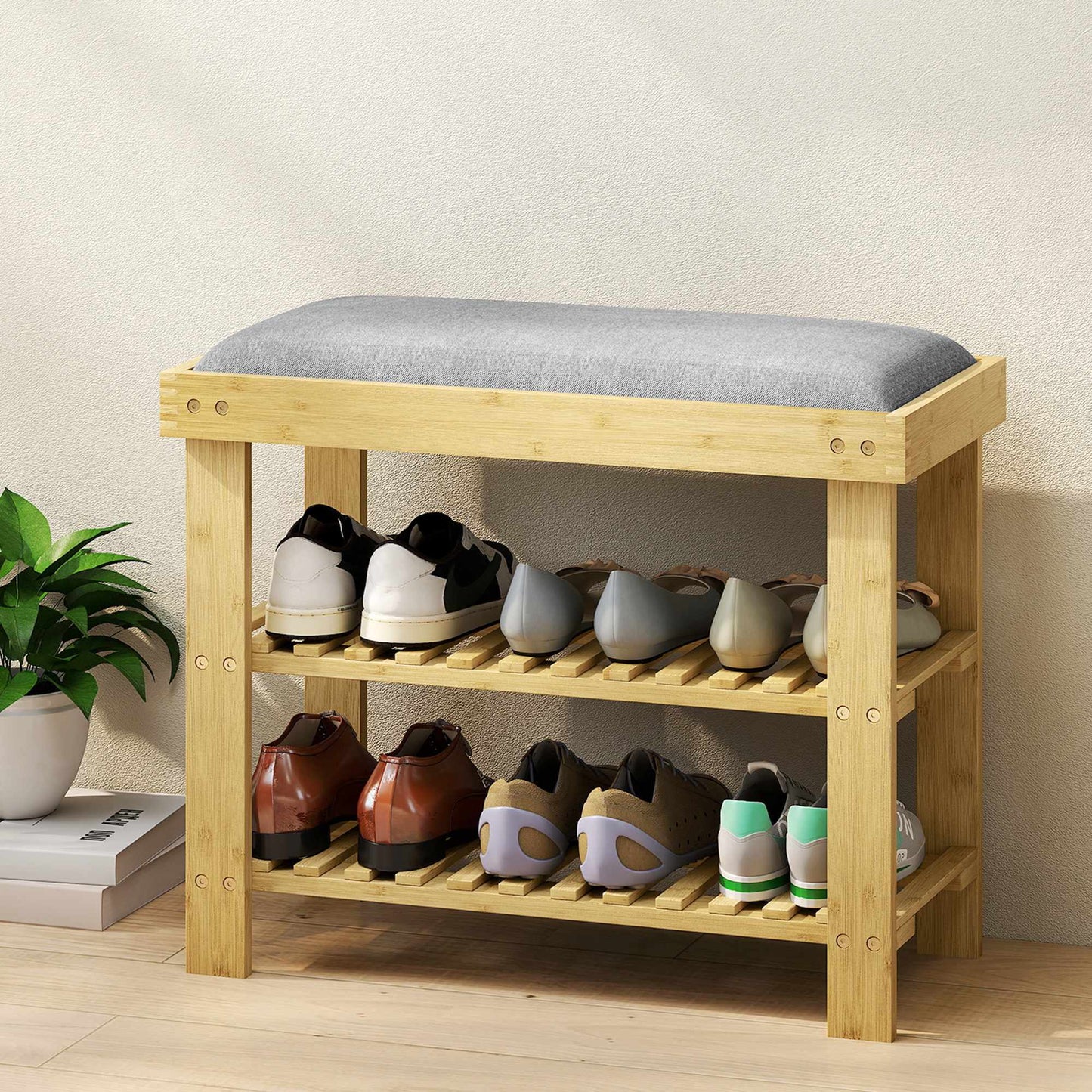 Bamboo Shoe Bench with Storage, 2 Shelves, 60x29x49 cm, Grey