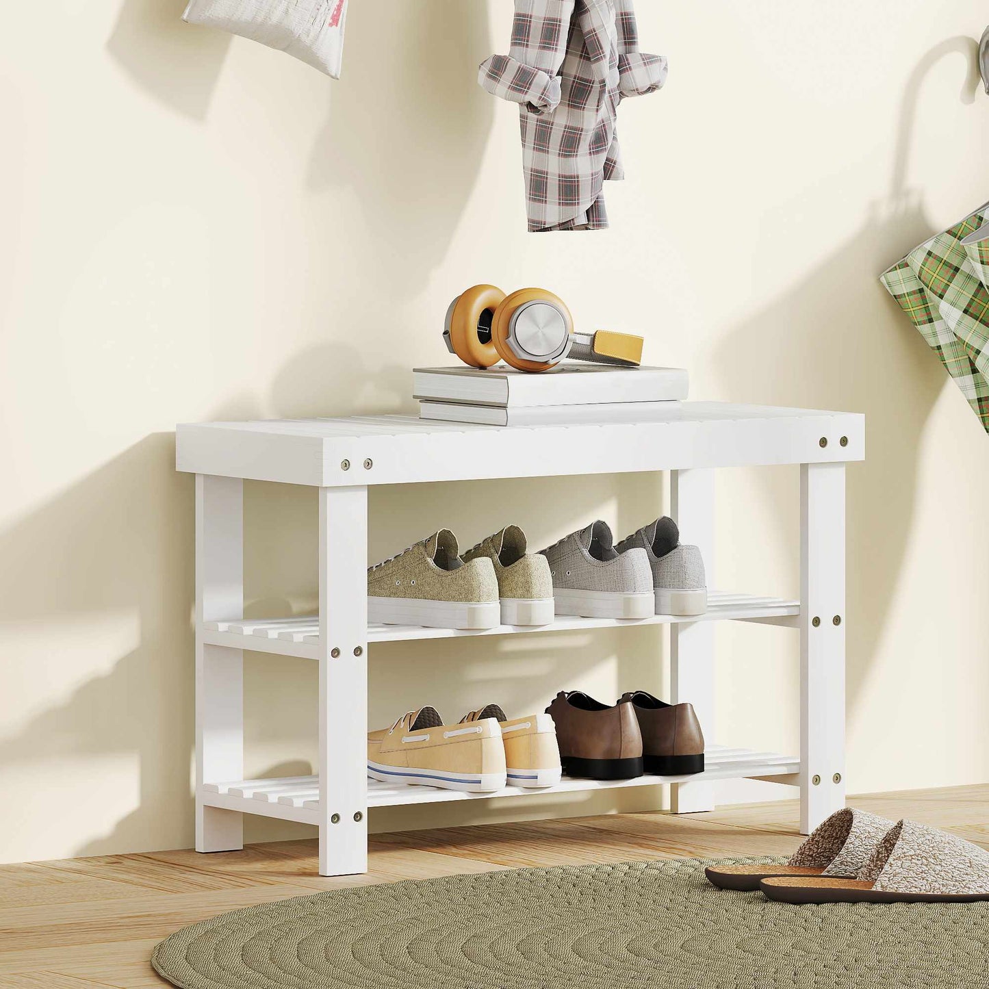 Bamboo Shoe Bench with Storage, 2 Shelves, 70x28x45 cm, White