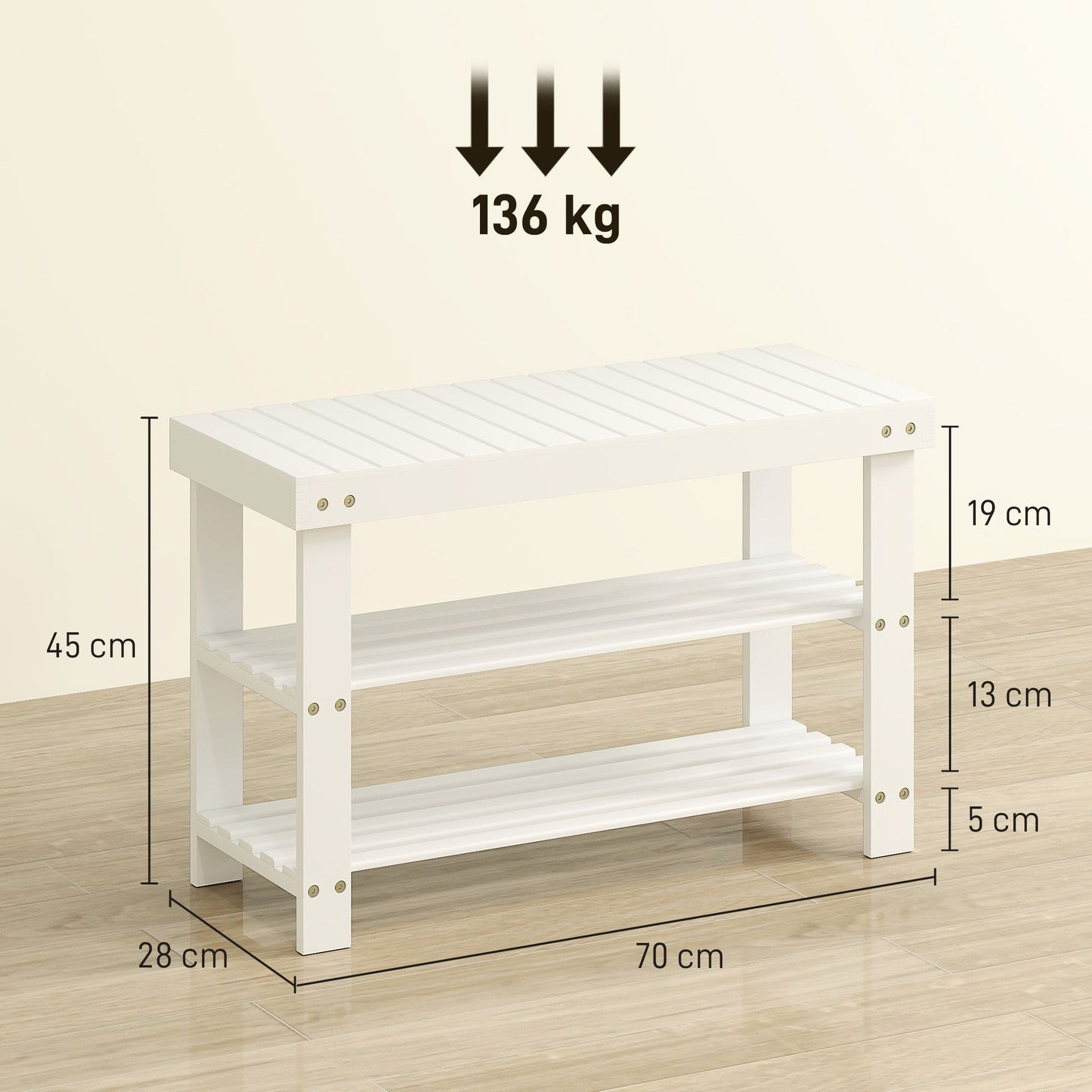 Bamboo Shoe Bench with Storage, 2 Shelves, 70x28x45 cm, White