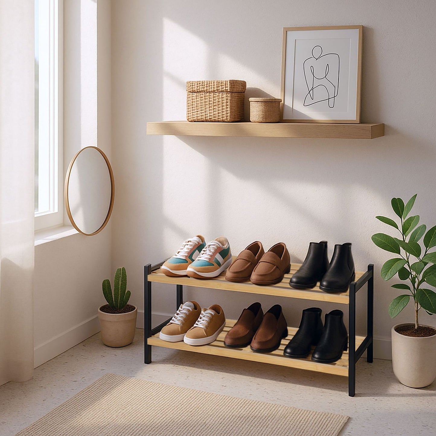 Bamboo Shoe Rack, 2-Tier Storage, Holds 6 Pairs