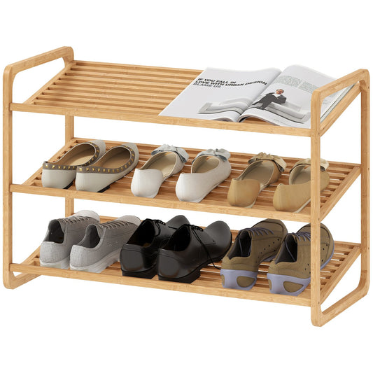 Bamboo Shoe Rack, 3-Tier, 30 kg Capacity, Natural Wood
