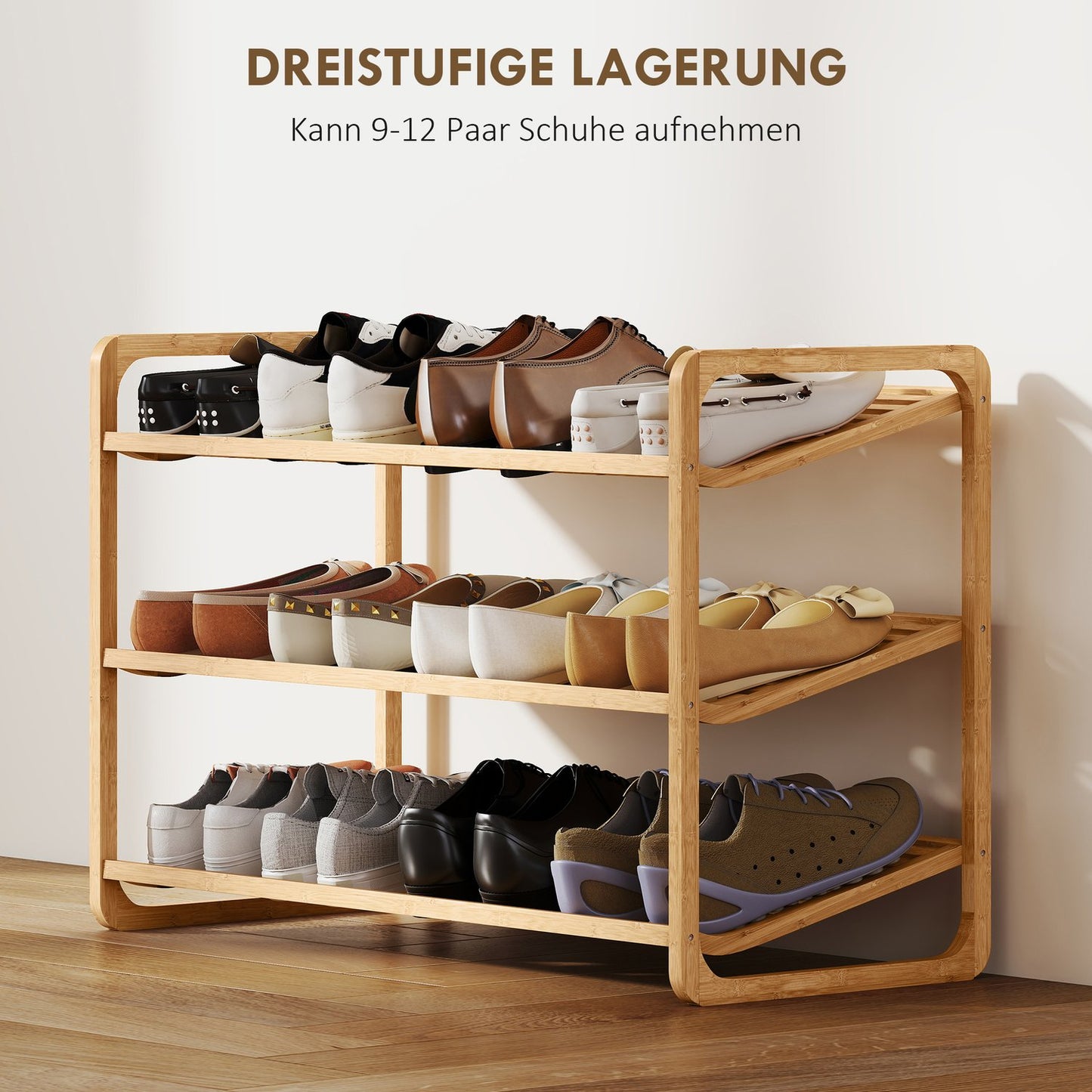 Bamboo Shoe Rack, 3-Tier, 30 kg Capacity, Natural Wood