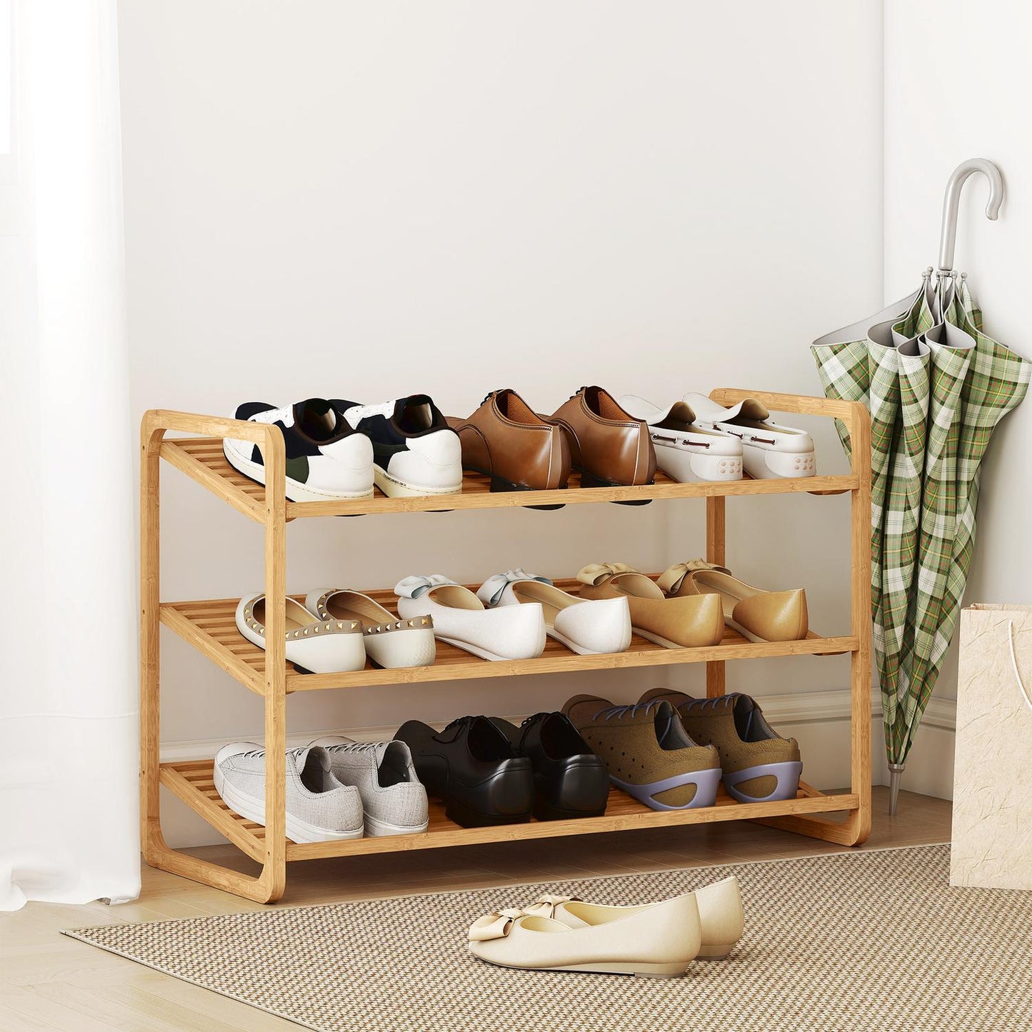 Bamboo Shoe Rack, 3-Tier, 30 kg Capacity, Natural Wood