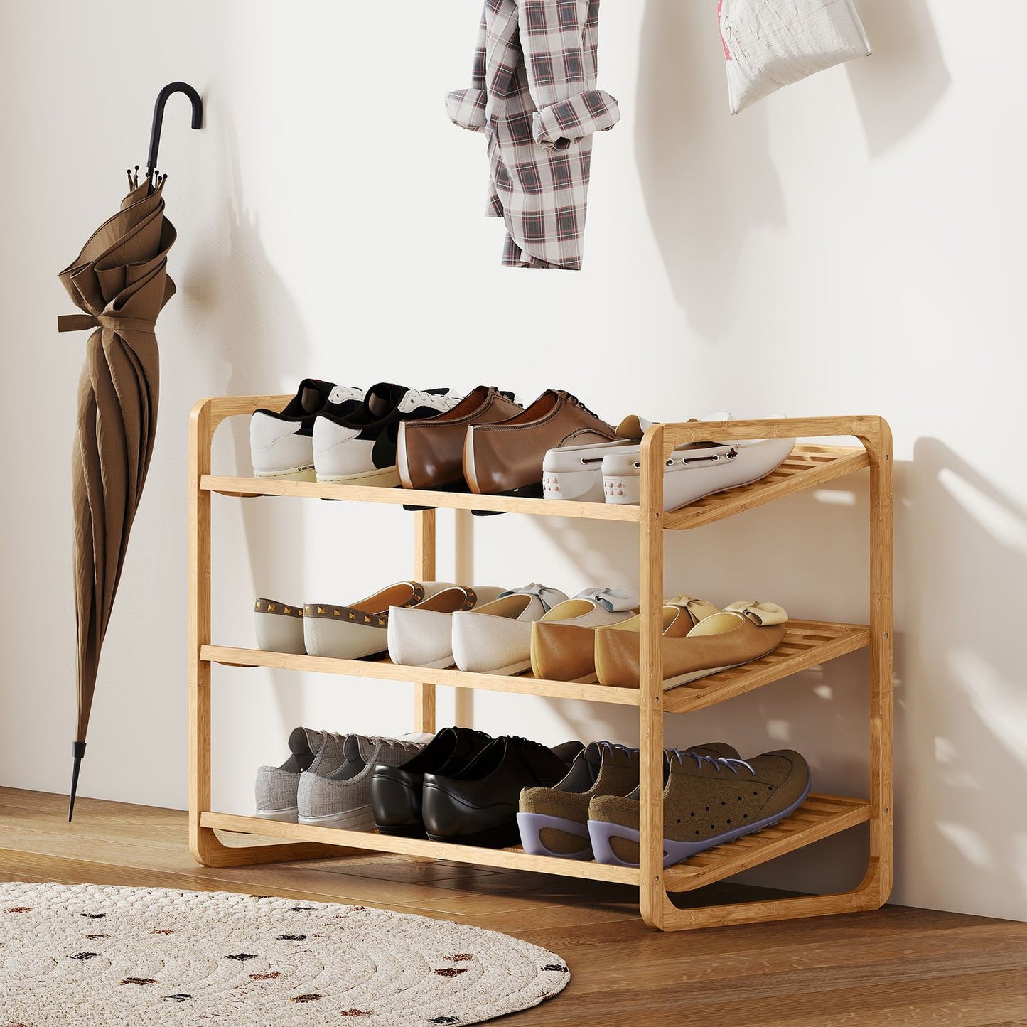Bamboo Shoe Rack, 3-Tier, 30 kg Capacity, Natural Wood