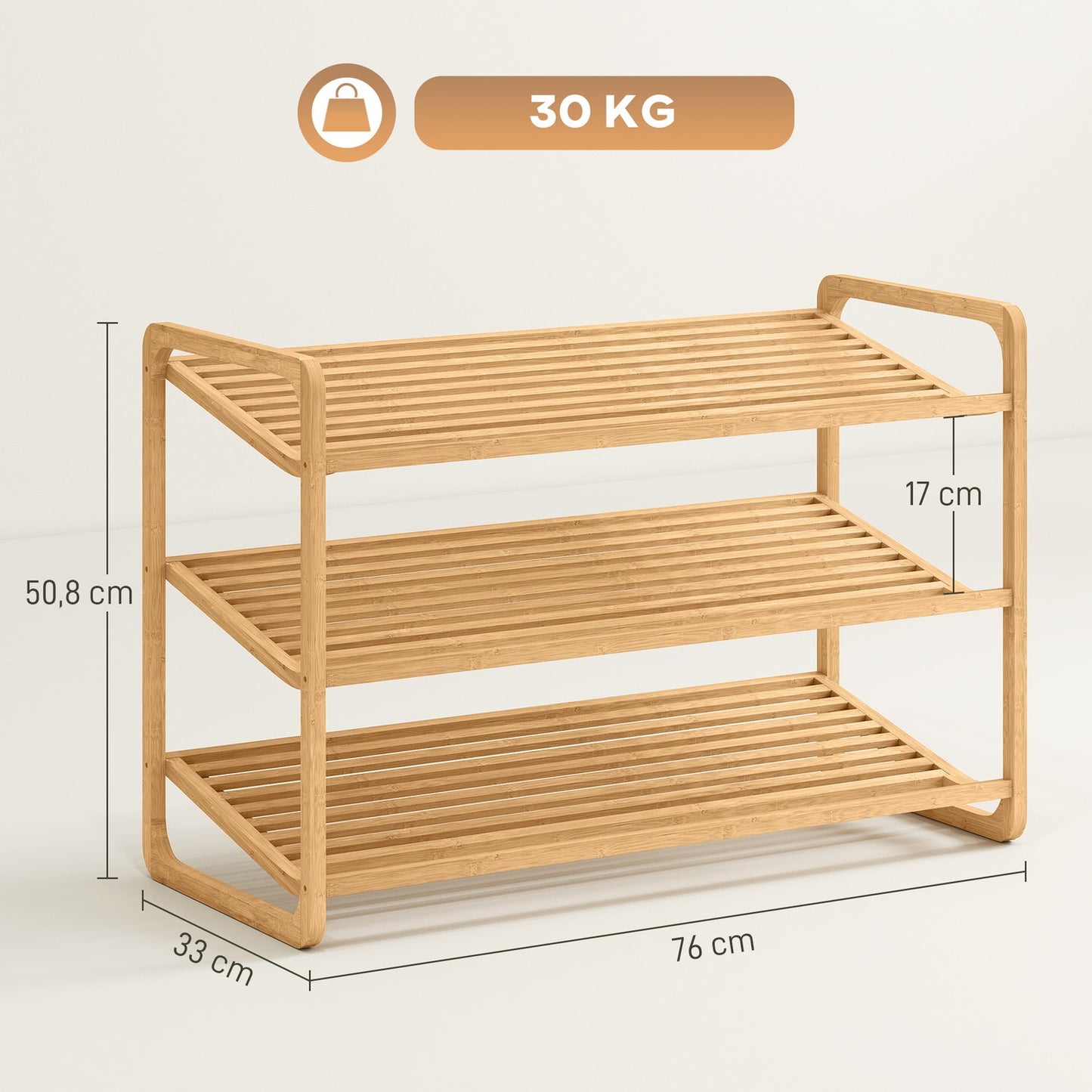 Bamboo Shoe Rack, 3-Tier, 30 kg Capacity, Natural Wood