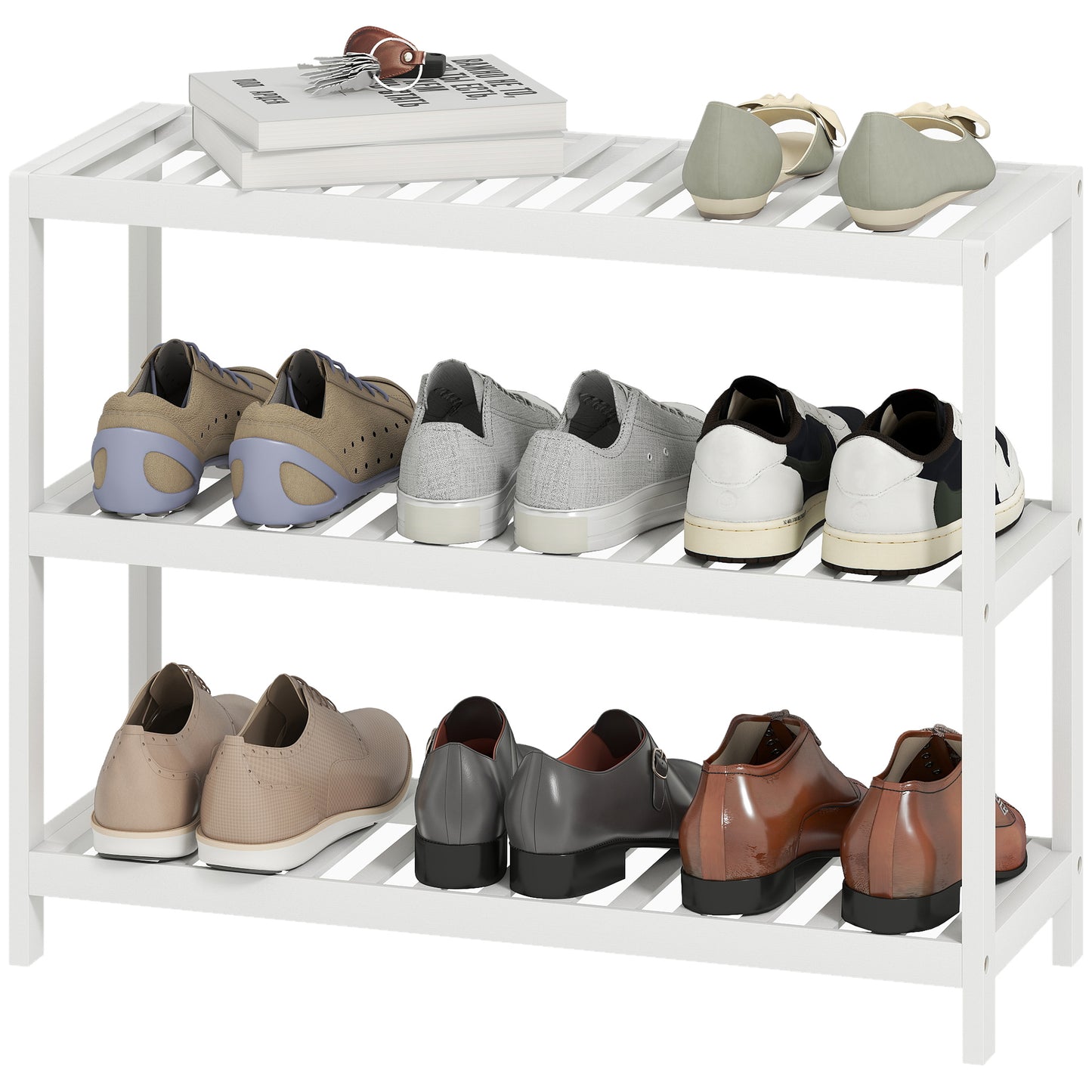 Bamboo Shoe Rack, 3-Tier, White Finish, 70x26x55 cm