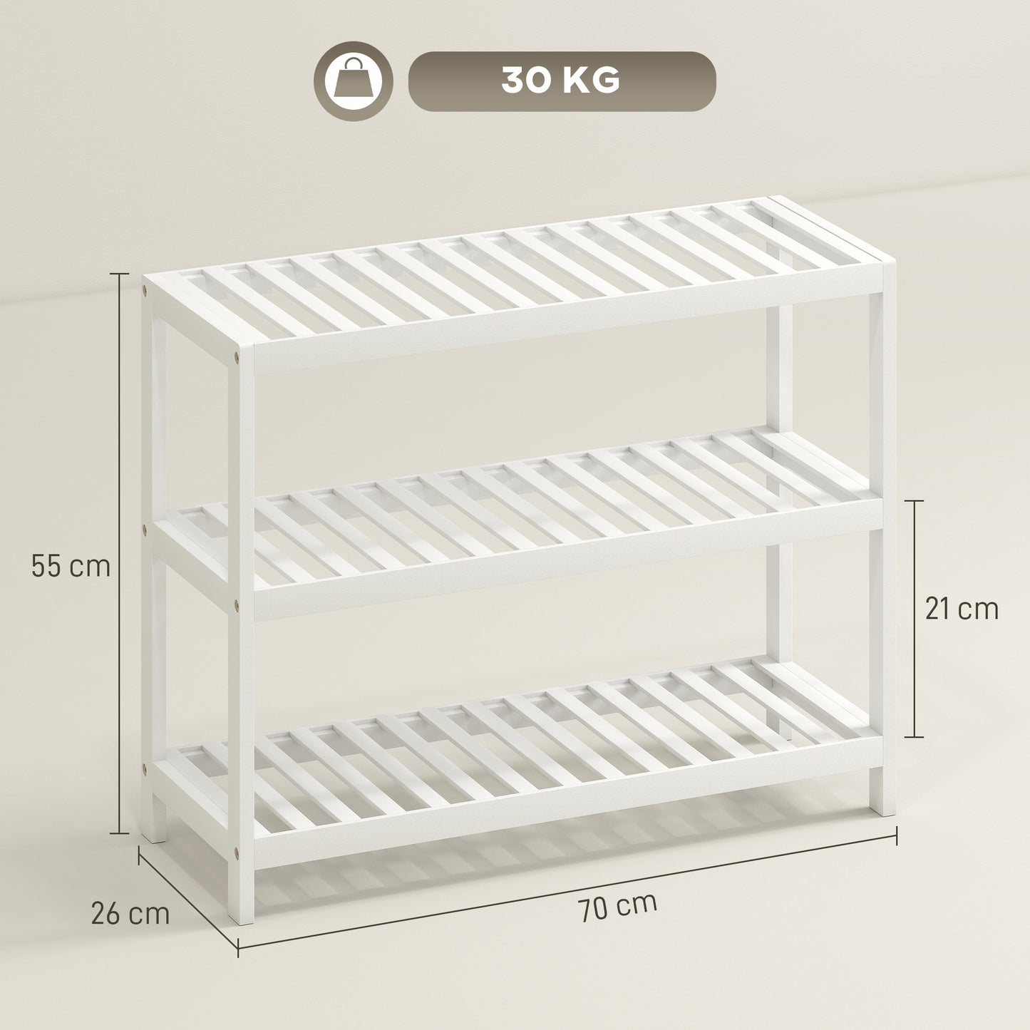 Bamboo Shoe Rack, 3-Tier, White Finish, 70x26x55 cm
