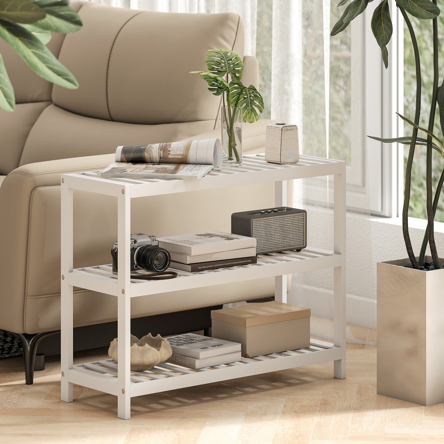 Bamboo Shoe Rack, 3-Tier, White Finish, 70x26x55 cm